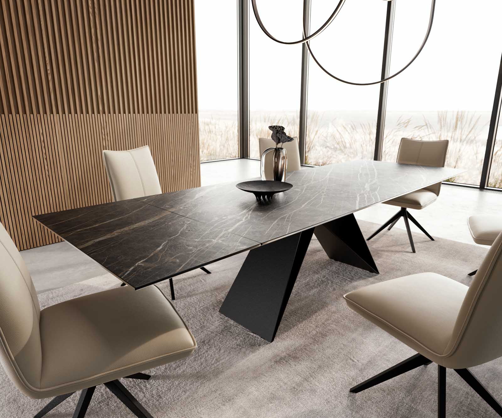 Eetkamertafel Edge 200-300x100 keramiek Laminam®Noir Desir bruin V-frame vlak staal zwart uitschuifbaar