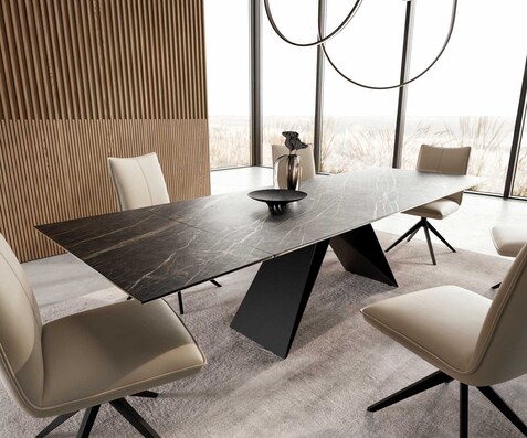 Eetkamertafel Edge 200-300x100 keramiek Laminam®Noir Desir bruin V-frame vlak staal zwart uitschuifbaar