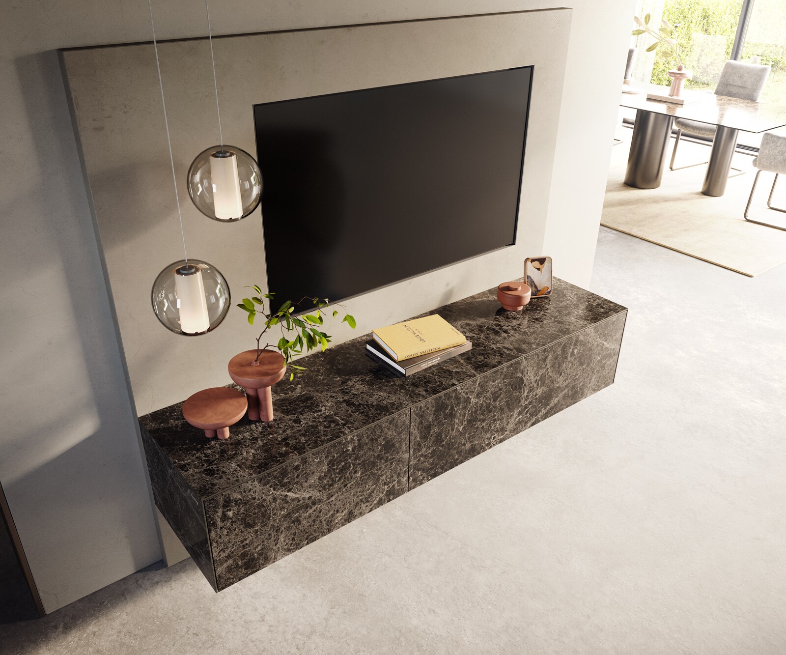 Tv-meubel Cuor 180 cm Keramiek Laminam® Emperador Extra Lucidato Donkerbruin 1 Flap 2 Laden Zwevend 4