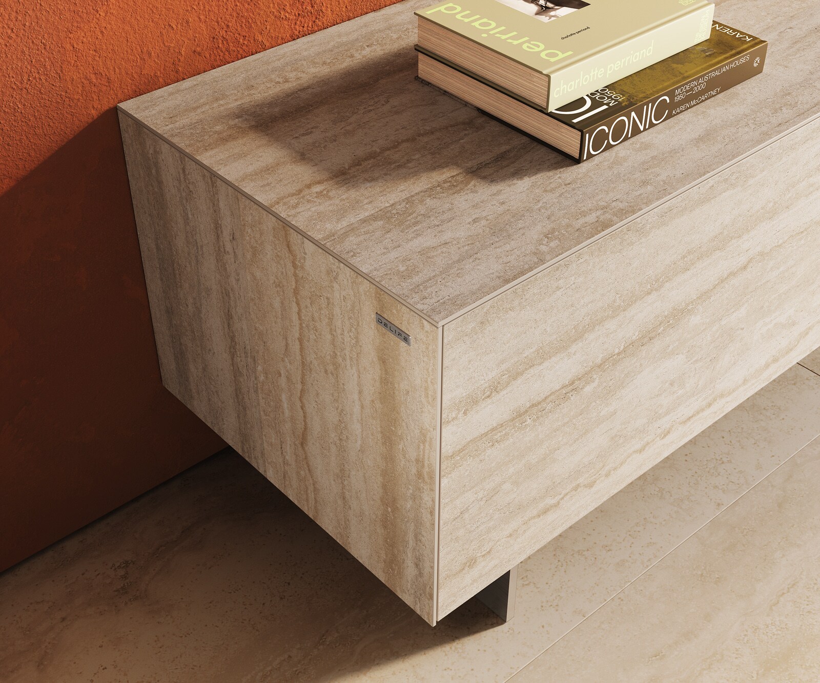 Tv-meubel Cuor 220 cm Keramiek Laminam® Travertino Bianco Crème-wit 1 Flap 2 Laden Zwevende voet look Roestvrij staal 6