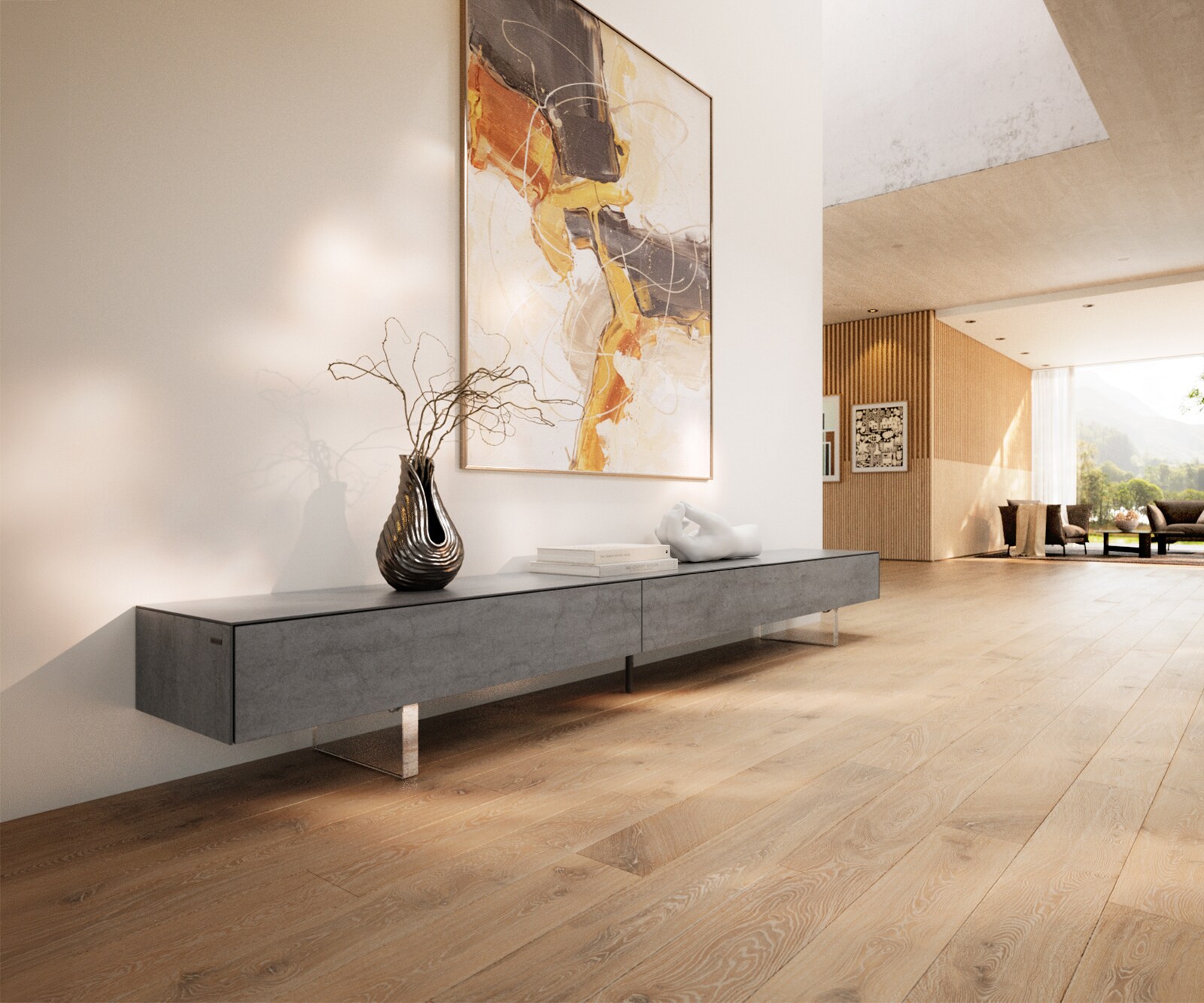 Tv-meubel Cuor 250 cm Keramiek Beton Grijs 1 Flap 1 Laden Zwevende voet look Acrylglas