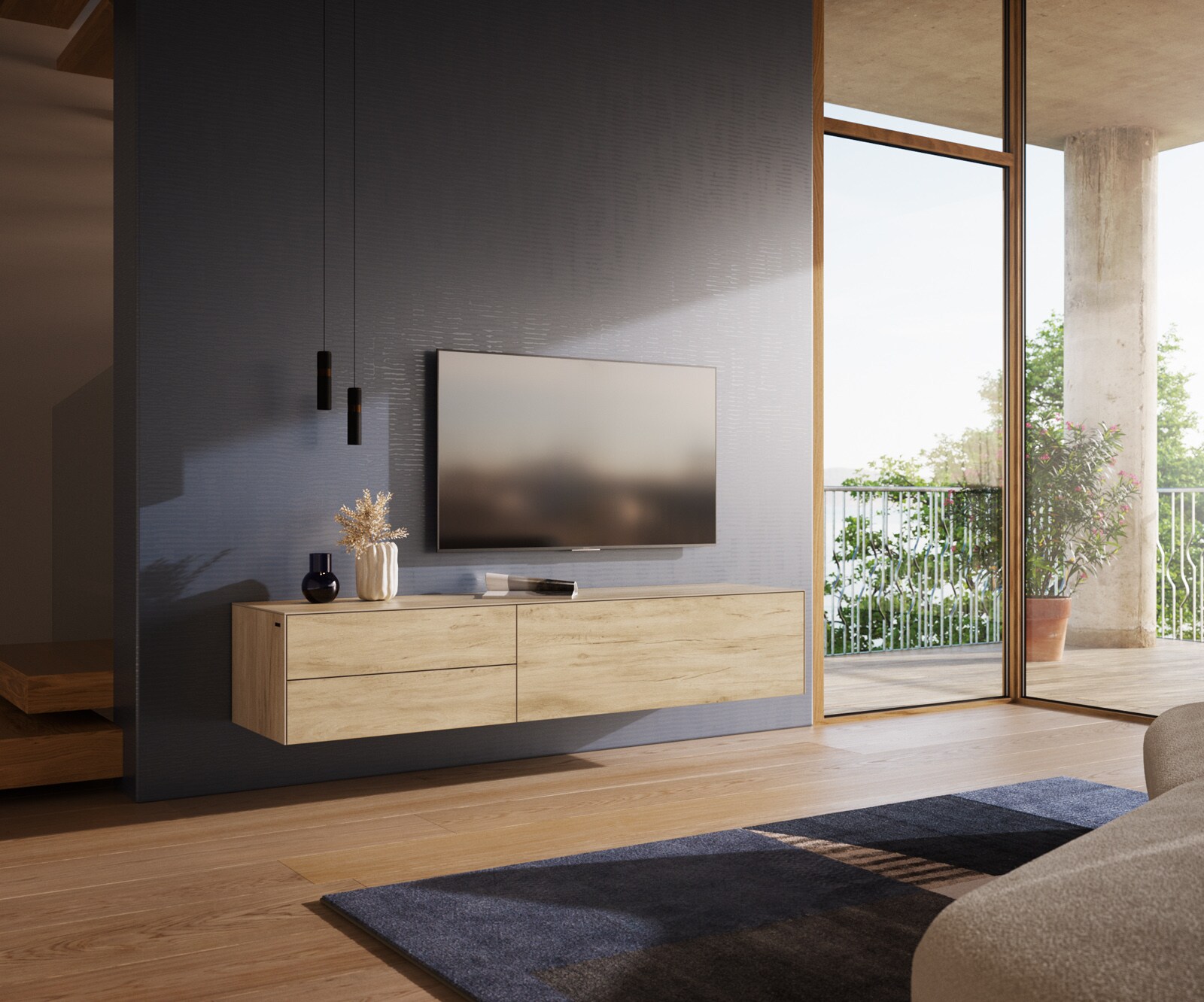 Tv-meubel Cuor 180 cm Keramiek Laminam® Sabbia Eiken gekleurd 1 Flap 2 Laden Zwevend