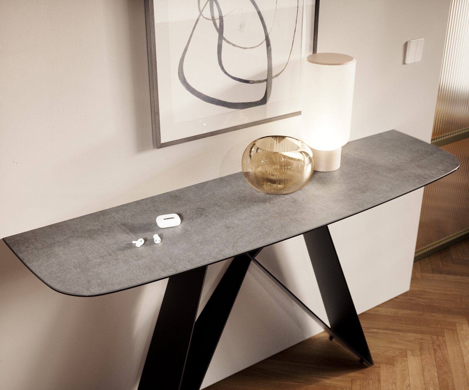 Consoletafel Edge Bootvorm 140x40 cm Keramiek Betongrijs Velio Metaal Zwart 6