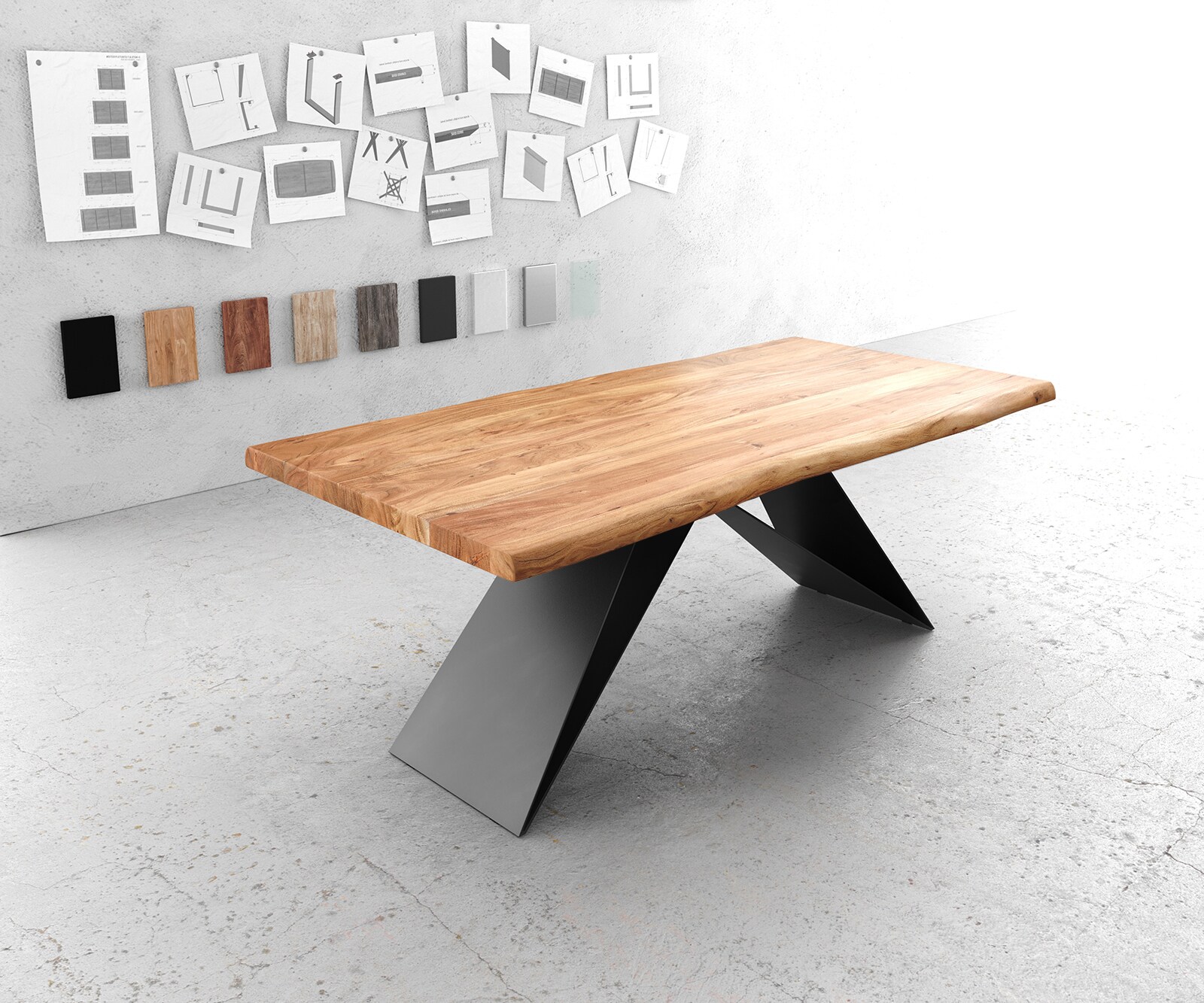 Eettafel Edge 200x100 XL acacia natuur V-frame vlakstaal zwart Live-Edge 1