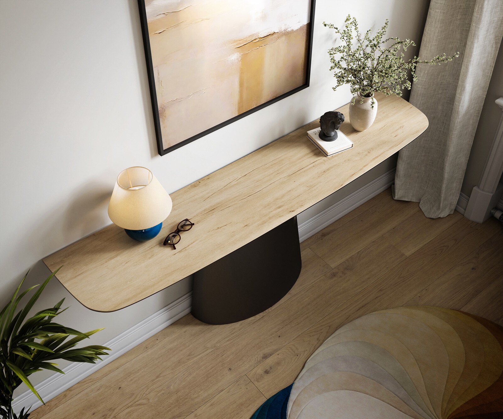 Consoletafel Edge Bootvorm 180x40 cm Keramiek Laminam® Sabbia Eichefarbig Conos Metaal Zwart 2