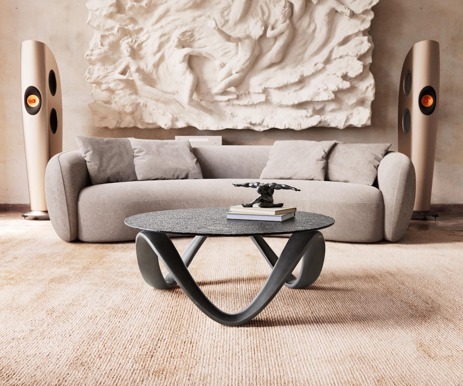 Salontafel Tanju 90x90 cm metallic zilver met grijs reliëfglas 1