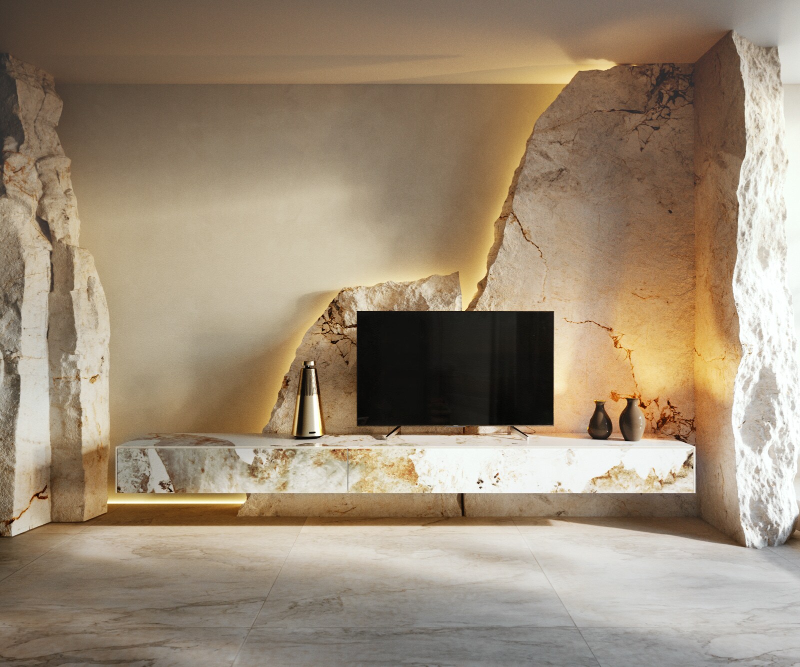 Tv-meubel Cuor 250 cm Keramiek Minas Melange Wit-beige 1 Flap 1 Lade Zwevend 1