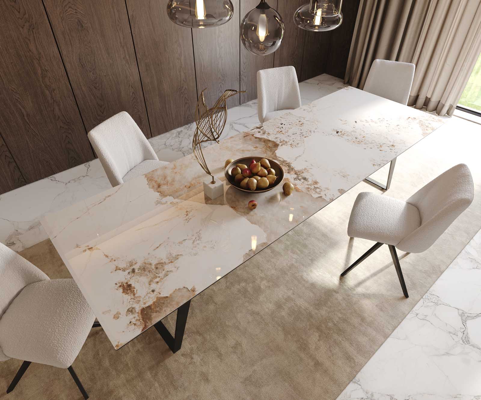 Eetkamertafel Edge 300x100 keramiek Minas Melange wit-beige metaal schuin zwart 6