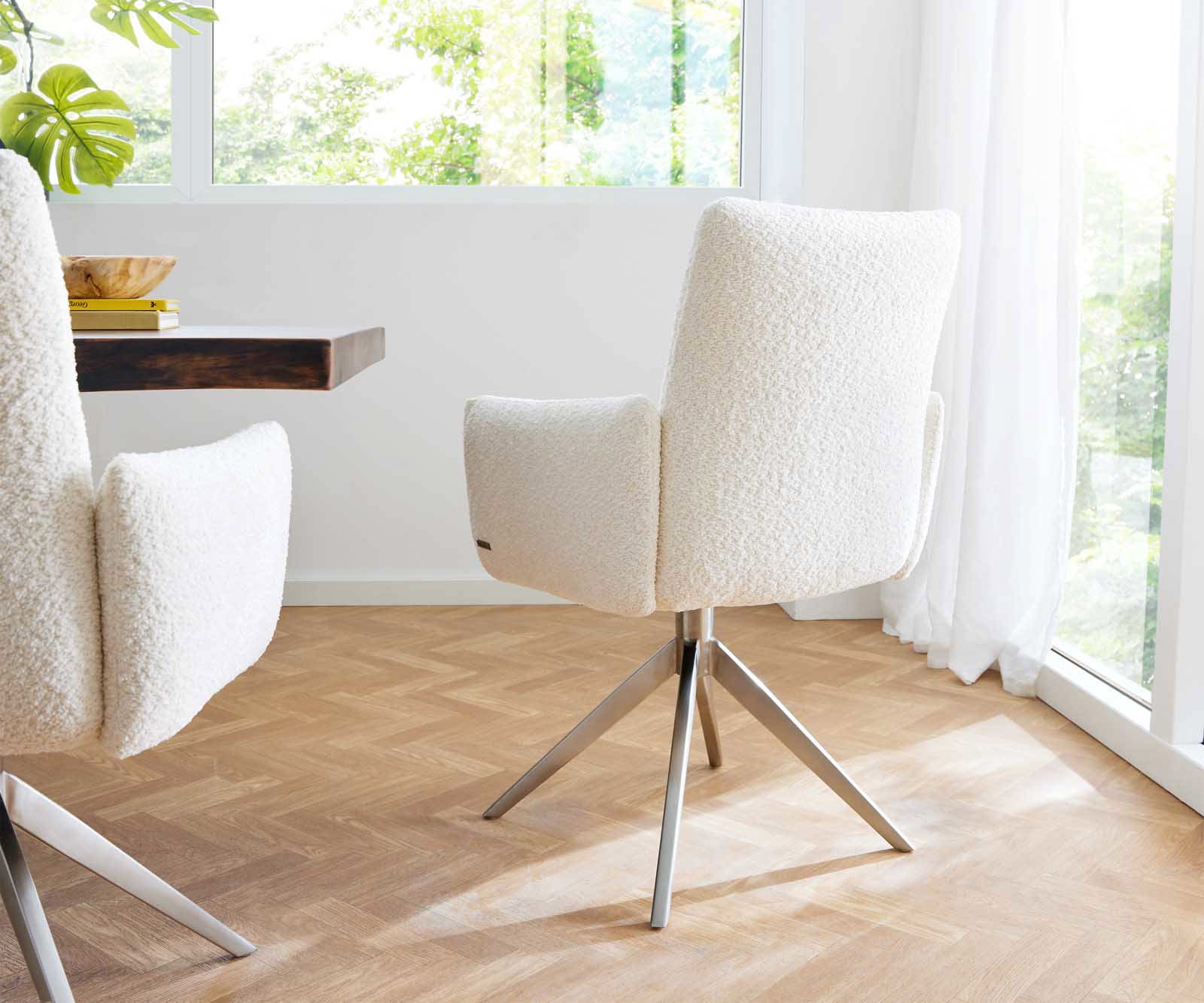 Draaistoel Jova-Flex met armleuning bouclé wit kruisframe breed roestvrij staal 360° draaibaar pocketveer kern 4 Draaistoel Jova-Flex met armleuning bouclé wit kruisframe breed roestvrij staal 360° draaibaar pocketveer kern 4