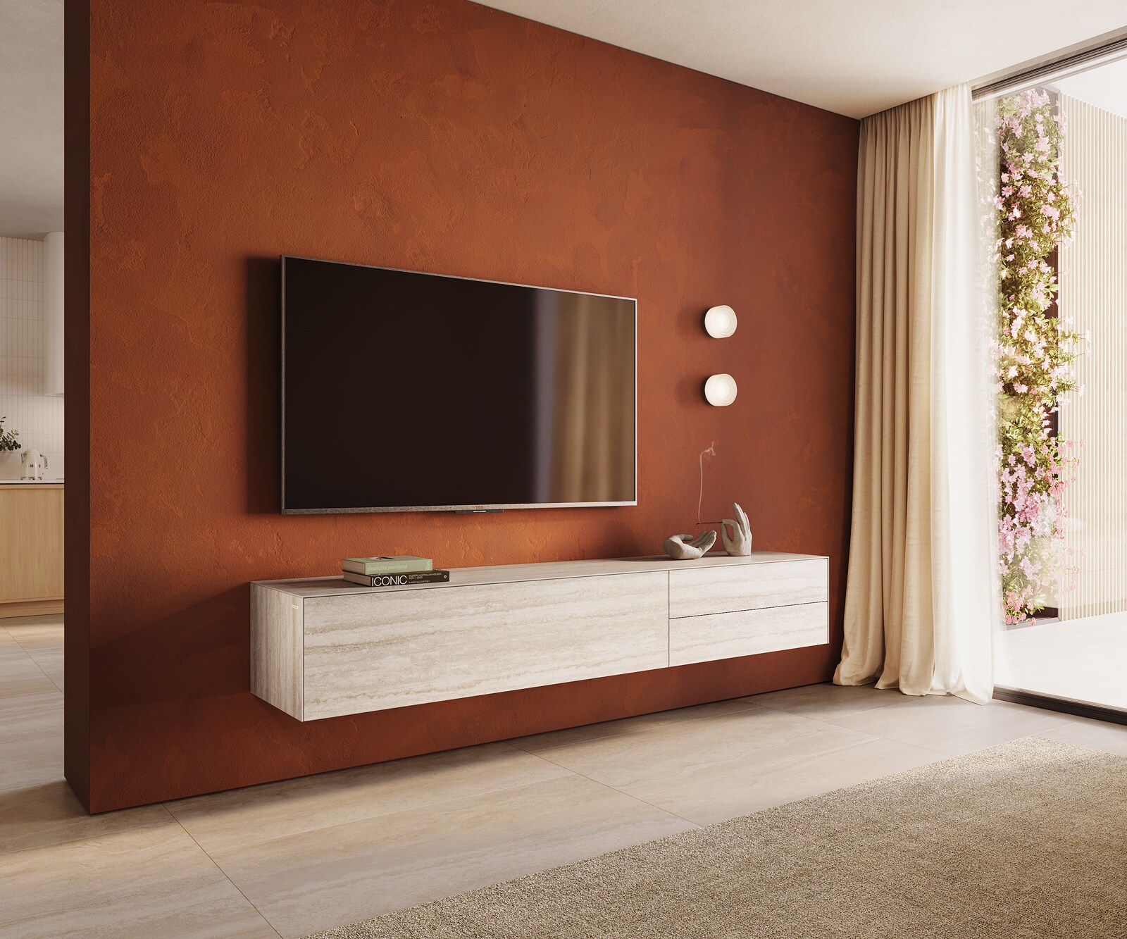 Tv-meubel Cuor 220 cm Keramiek Laminam® Travertino Bianco Crème-wit 1 Flap 2 Laden Zwevend