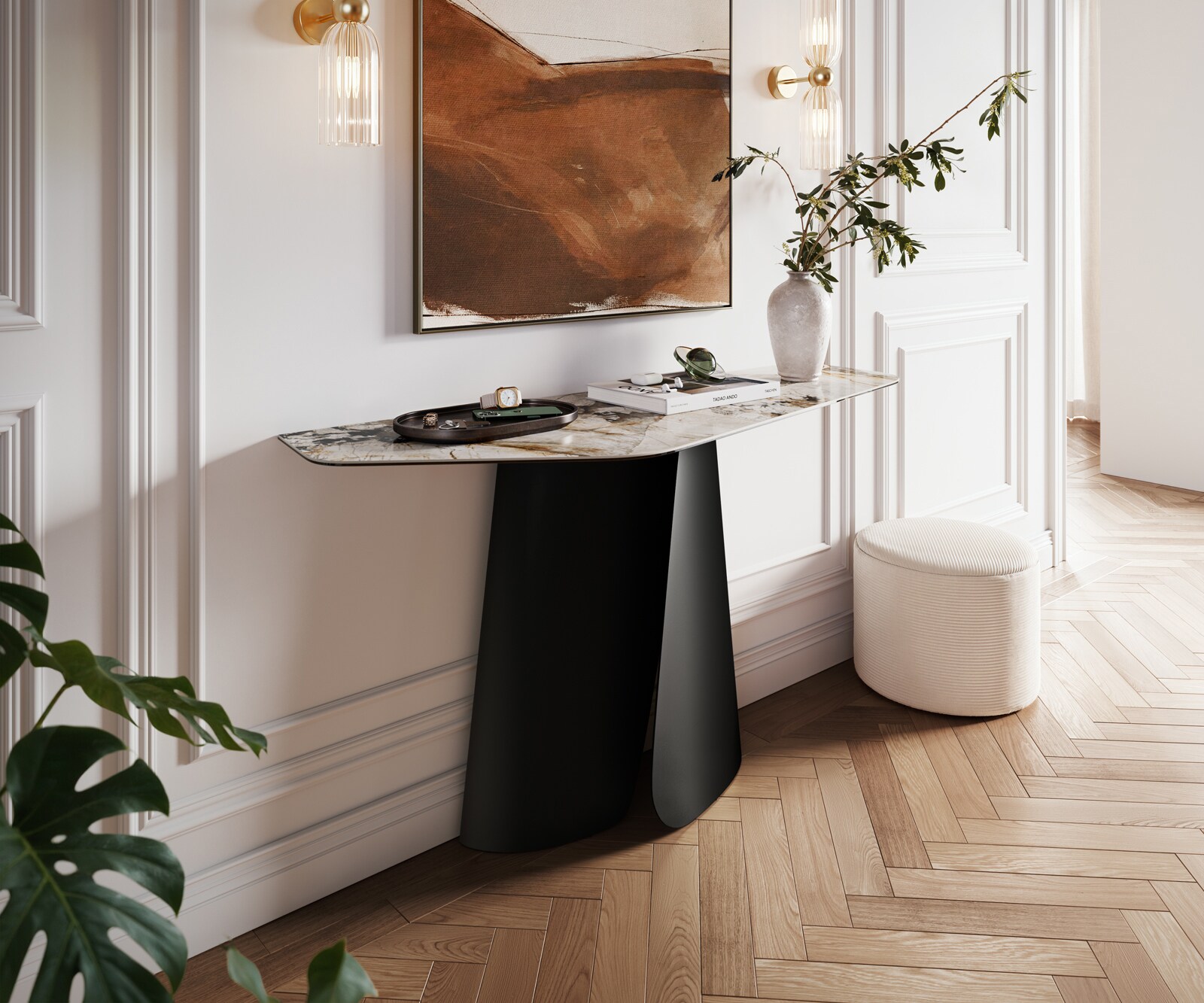 Consoletafel Edge Polygonaal 140x50 cm Keramiek Patagonia Poliert Livos Metaal Zwart