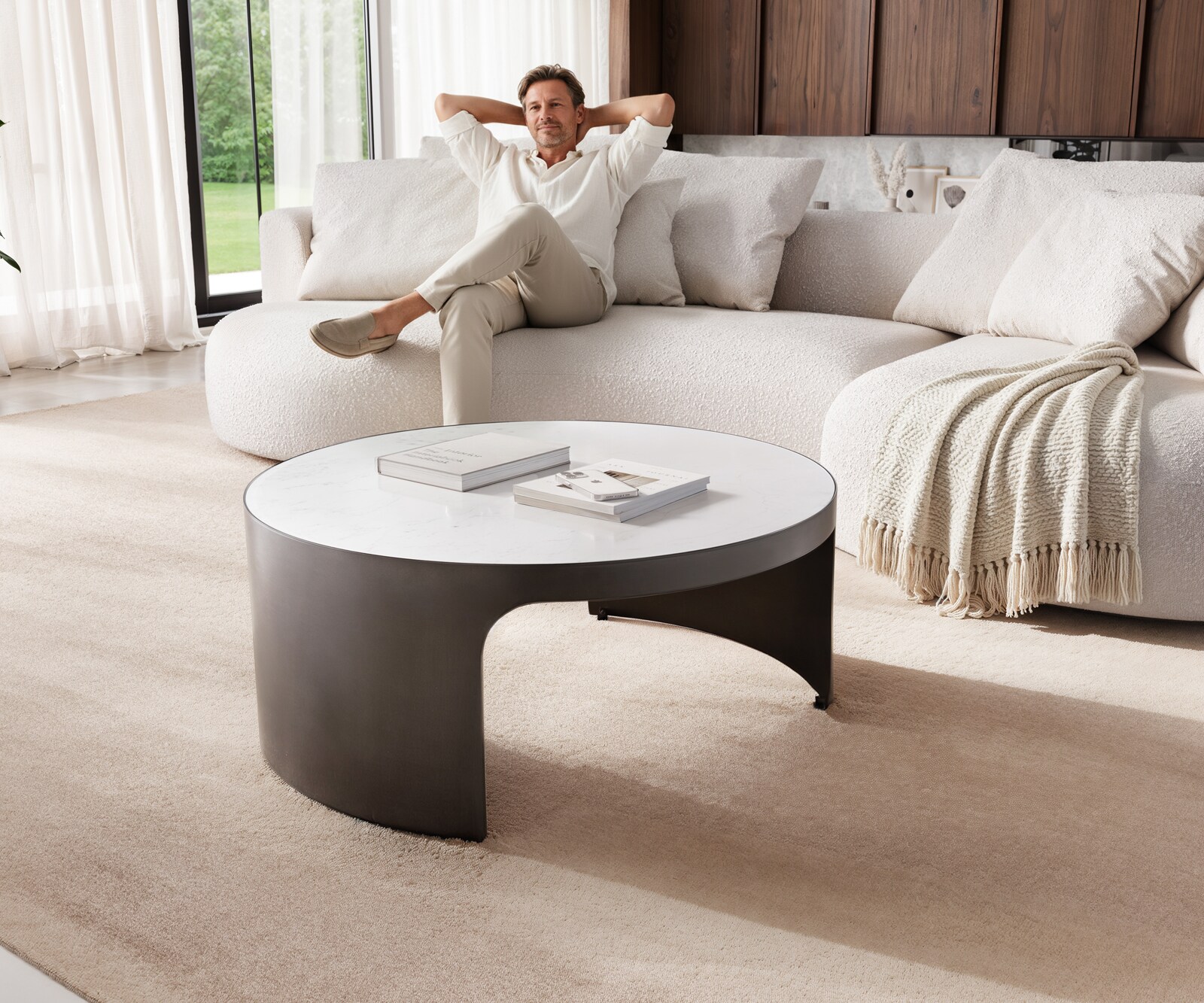 Salontafel Alerio 90x90 cm marmer wit metaal zwart antiek