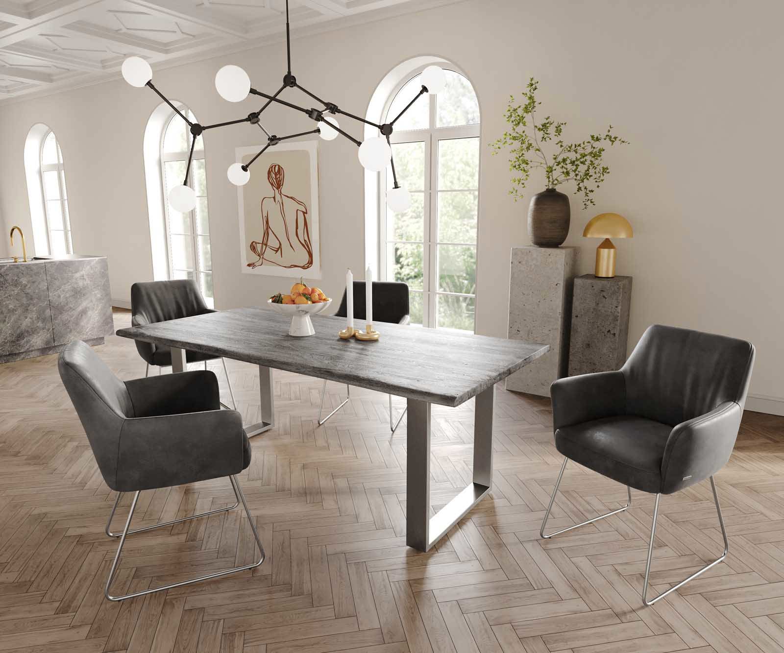 Eetkamerstoel Xana-Flex met armleuning microvelours antraciet vintage slipframe roestvrij staal pocketveer kern 4 Eetkamerstoel Xana-Flex met armleuning microvelours antraciet vintage slipframe roestvrij staal pocketveer kern 4