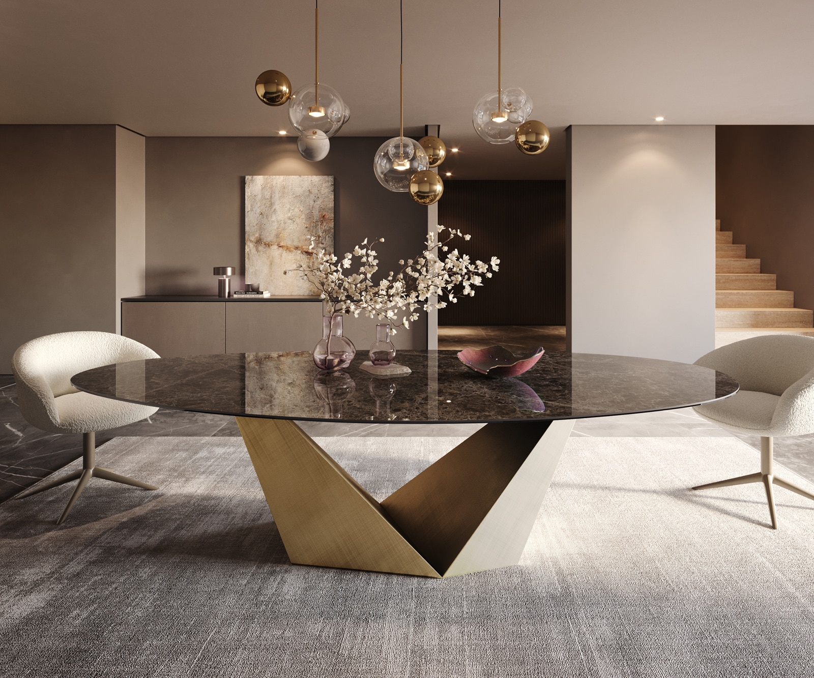 Eettafel Edge Oval 280x130 keramiek  Laminam® Emperador Extra Lucidato donkerbruin Prisma metaal goud 2