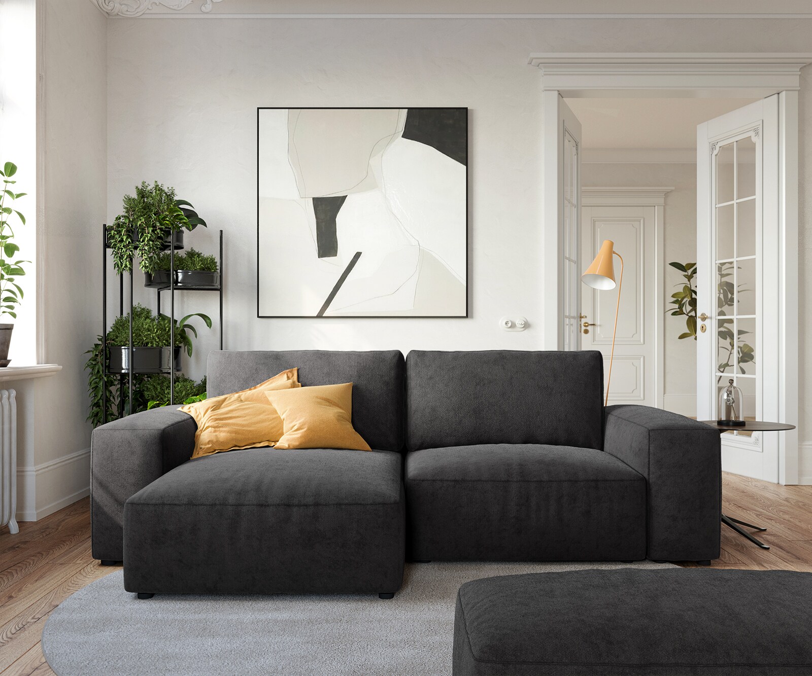 Hoeksofa Lanzo 230x155 cm microvezel zwart met variabele recamière en hocker 1
