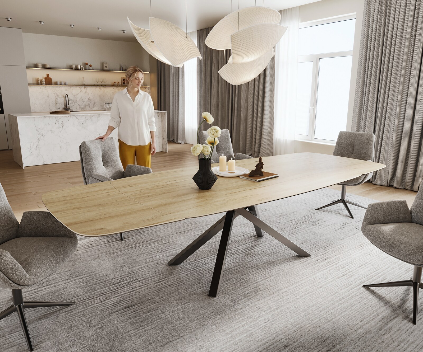 Eettafel Edge Boot 200-300x120 cm Keramiek Laminam® Sabbia Eichefarbig kruisonderstel Rechthoek Roestvrij staal Grafiet uitschuifbaar 1