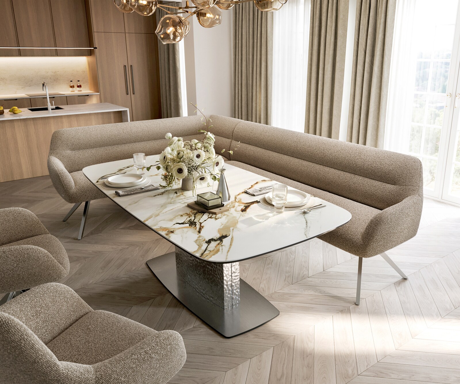 Eetkamerbank Taya-Flex 285x190 cm bouclé mud hoekig kruisframe roestvrij staal pocketvering rechts 1