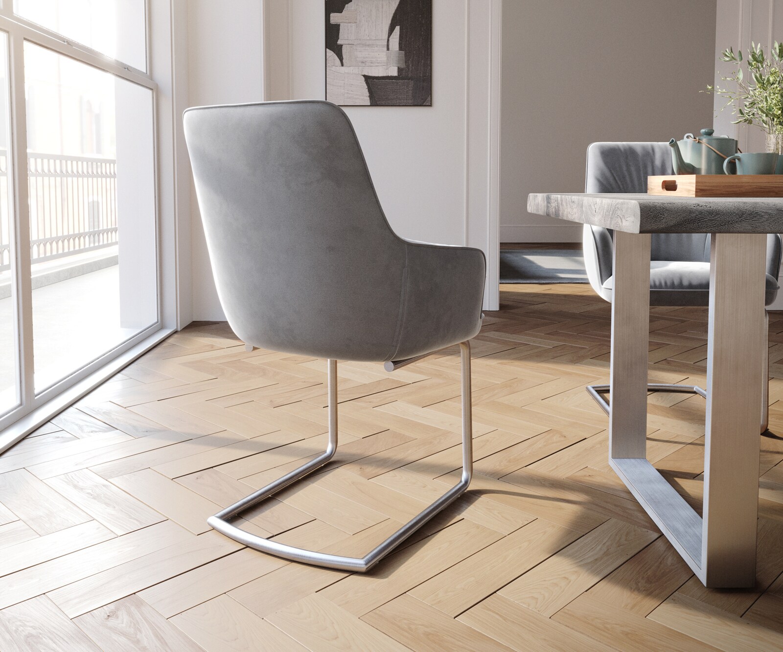 Sledemodel Zelia-Flex met armleuning fluweel grijs sledemodel rond roestvrij staal pocketveer kern 4 Sledemodel Zelia-Flex met armleuning fluweel grijs sledemodel rond roestvrij staal pocketveer kern 4
