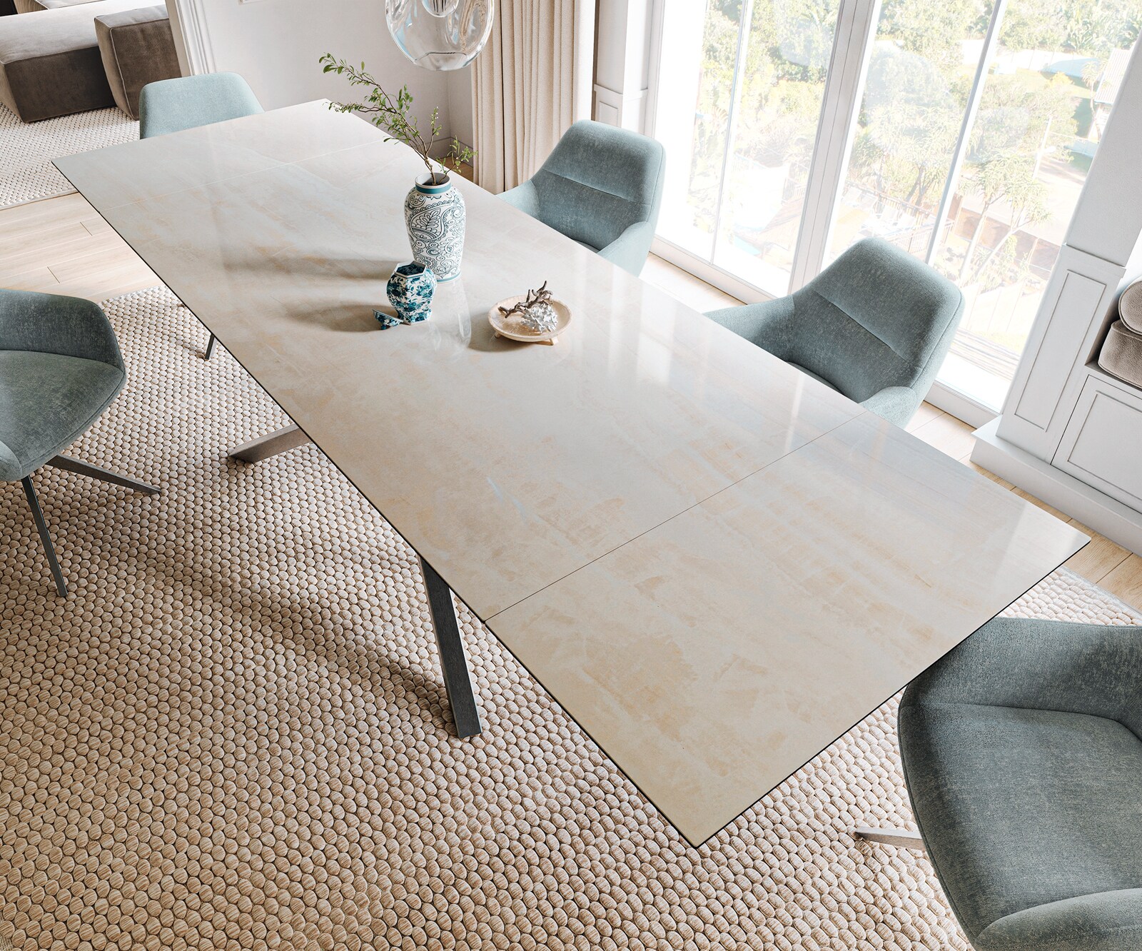 Eettafel Edge 200-300x100 cm keramiek Onyx Champagne kruisframe rechthoek roestvrij staal grafiet uittrekbaar 4