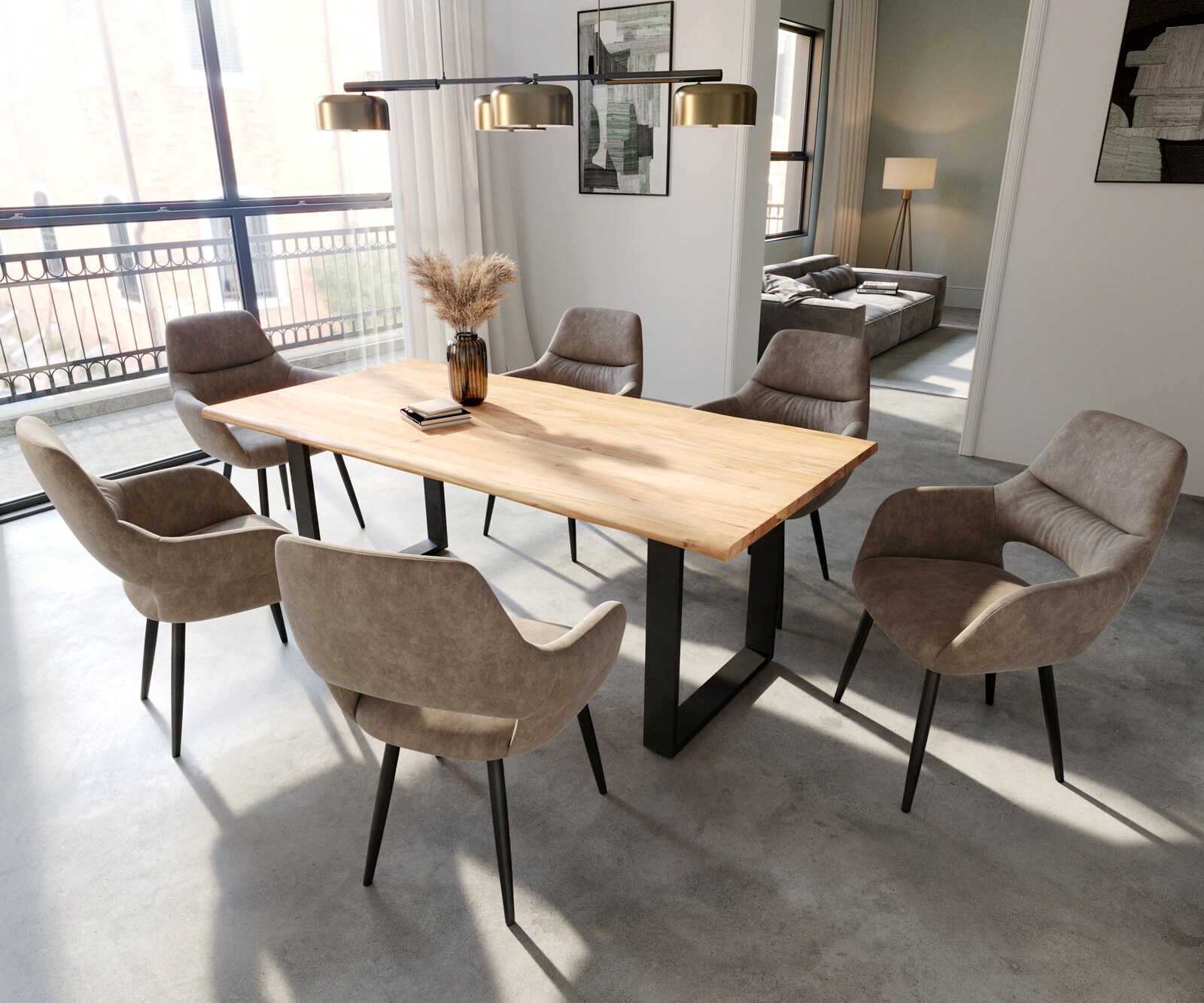 Eetkamerstoel Yago-Flex met armleuning microvelours taupe vintage 4-poot conisch zwart pocketveer kern 4