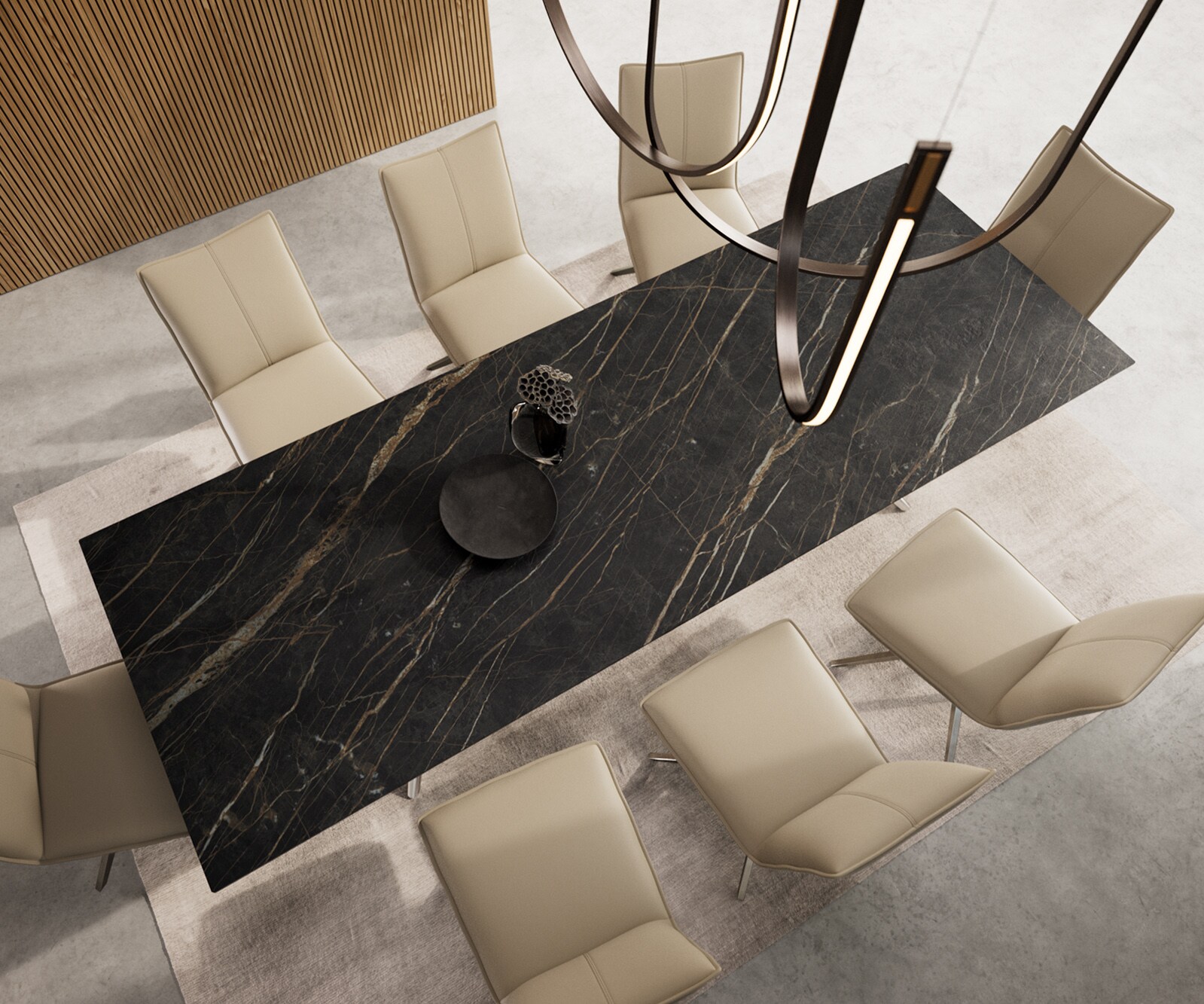Eetkamertafel Edge 300x100 keramiek Laminam®Noir Desir bruin Estelar rond  roestvrij staal 5