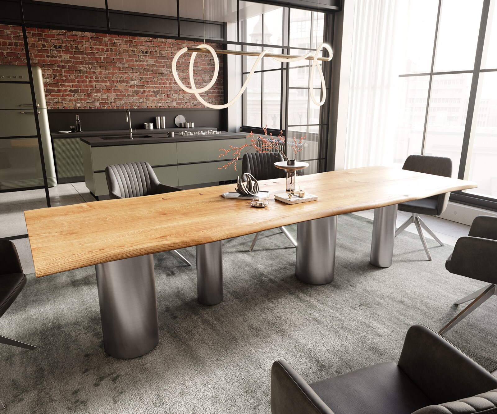 Eettafel Edge 300x100x4 eiken natuur Pilier RVS geborsteld Live-Edge