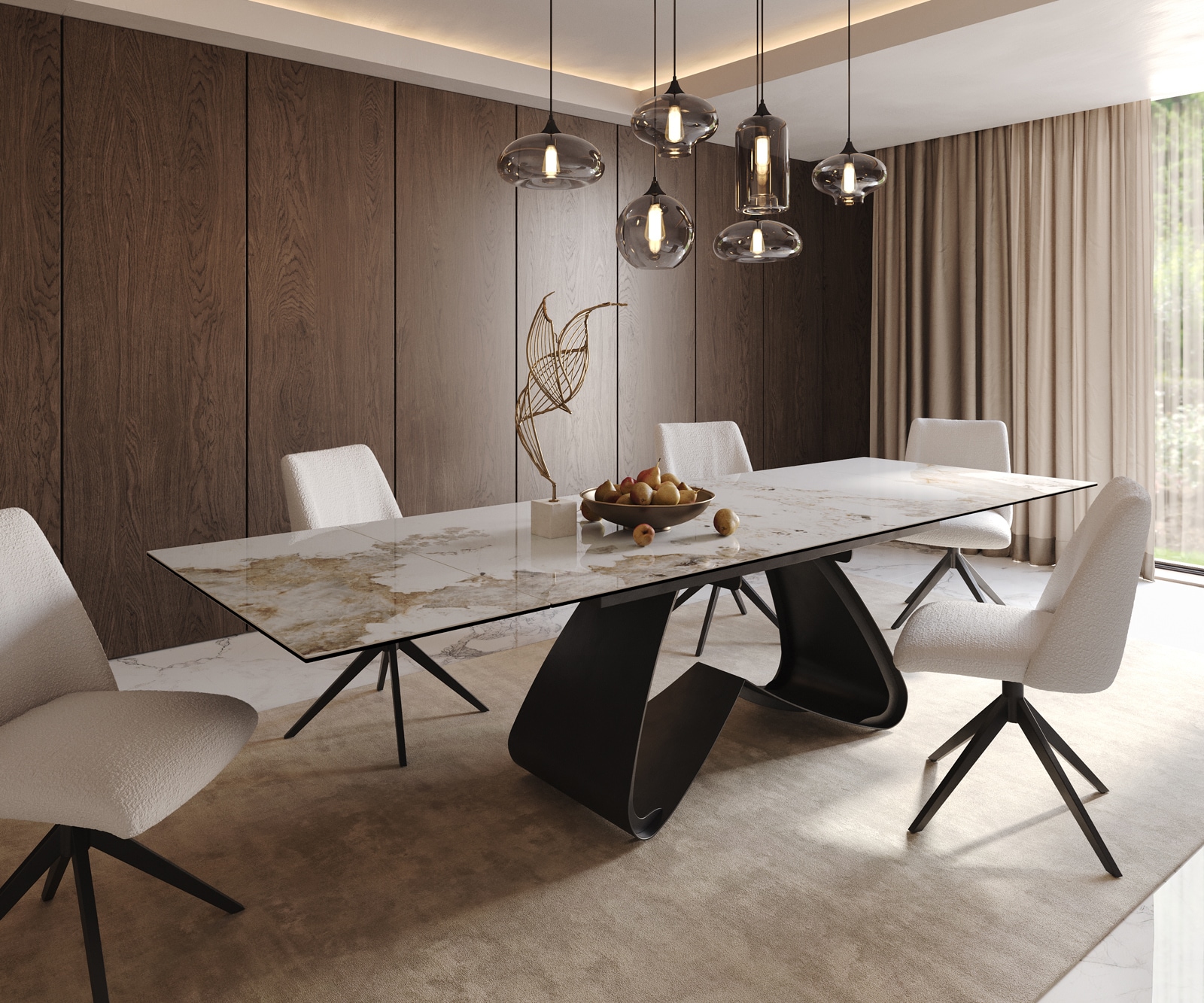 Eetkamertafel Edge 200-300x100 keramiek Minas Melange wit-beige W-frame zwart uitschuifbaar Eetkamertafel Edge 200-300x100 keramiek Minas Melange wit-beige W-frame zwart uitschuifbaar