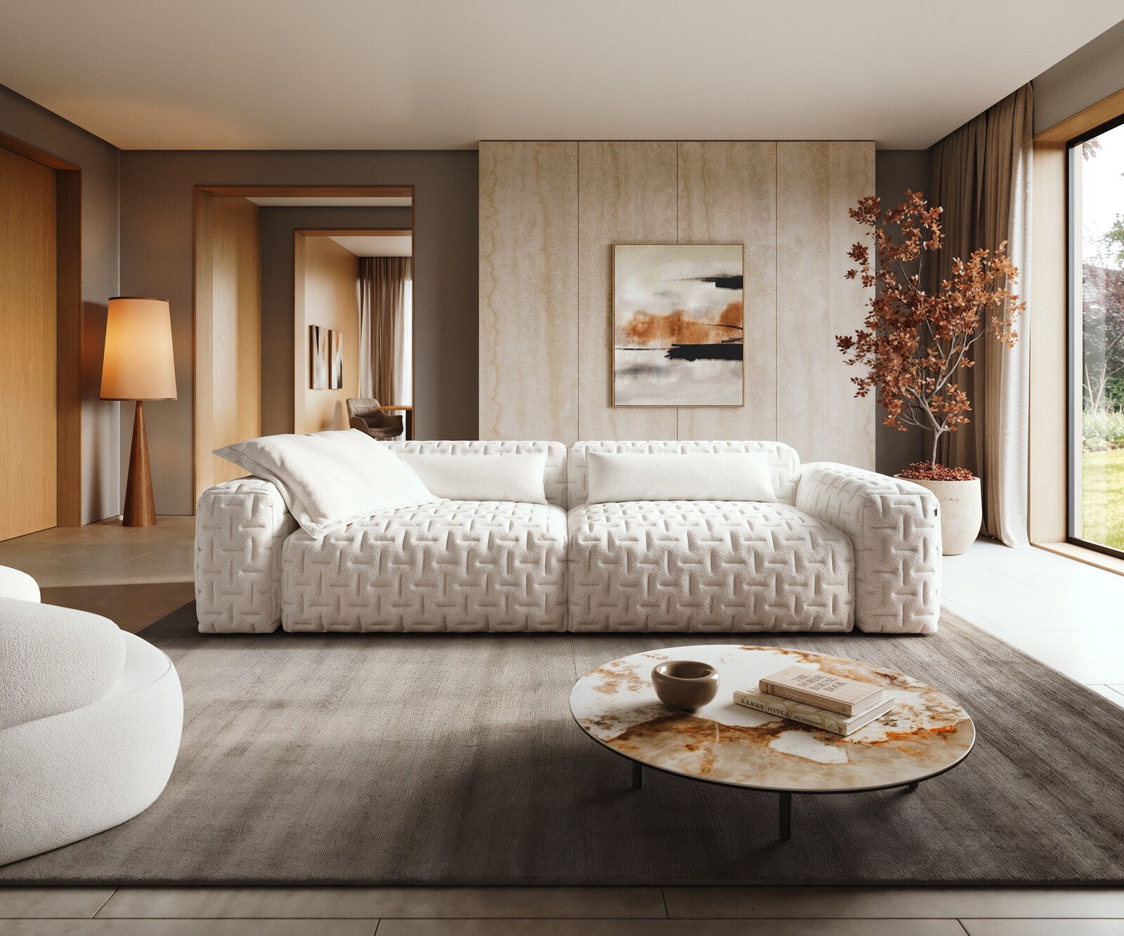 Bigsofa Freestyle 280x110 cm Bouclé zacht Beige gestikt 1