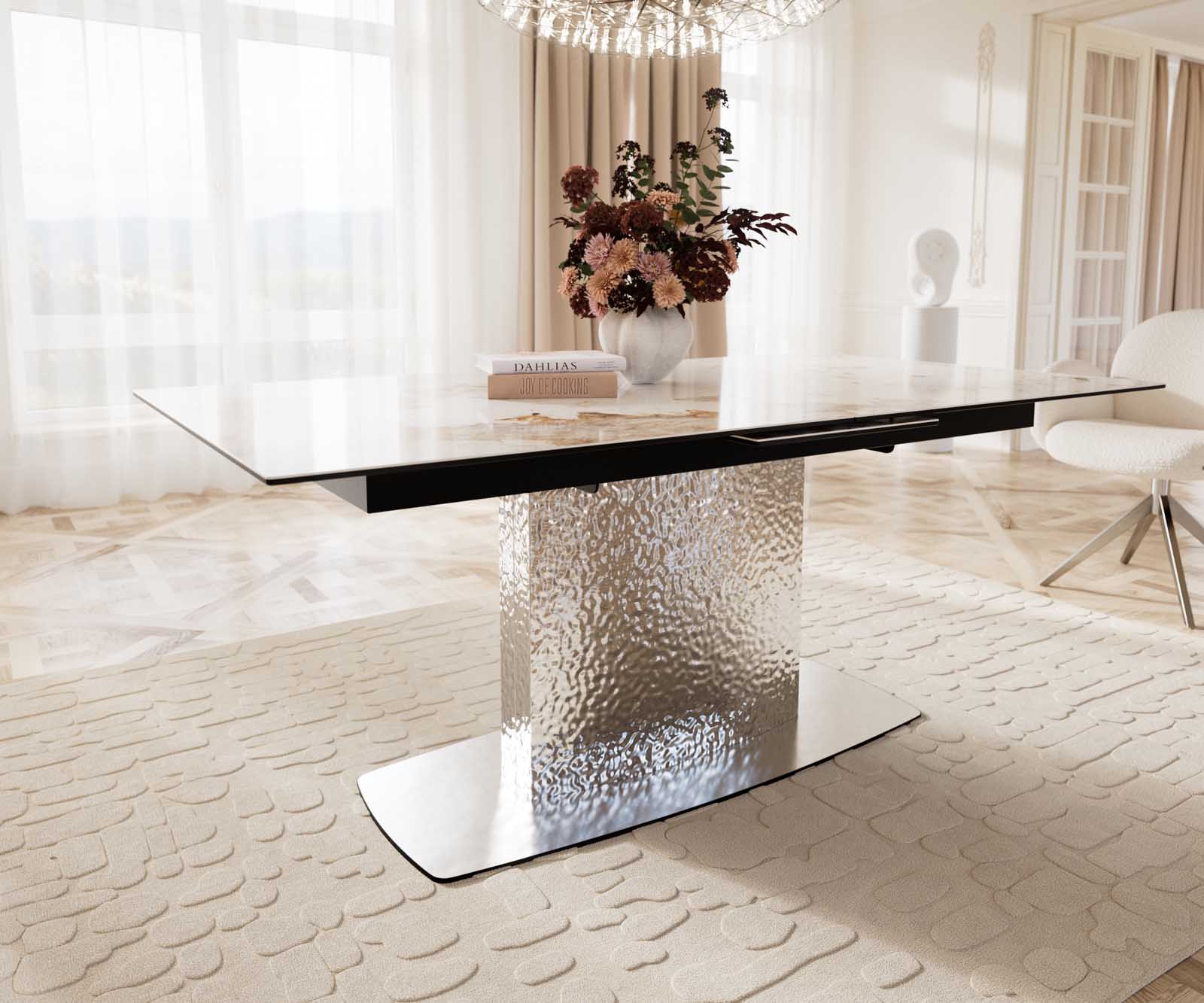 Eetkamertafel Edge 180-220x100 keramiek Minas Melange wit-beige Wave RVS uitschuifbaar 6