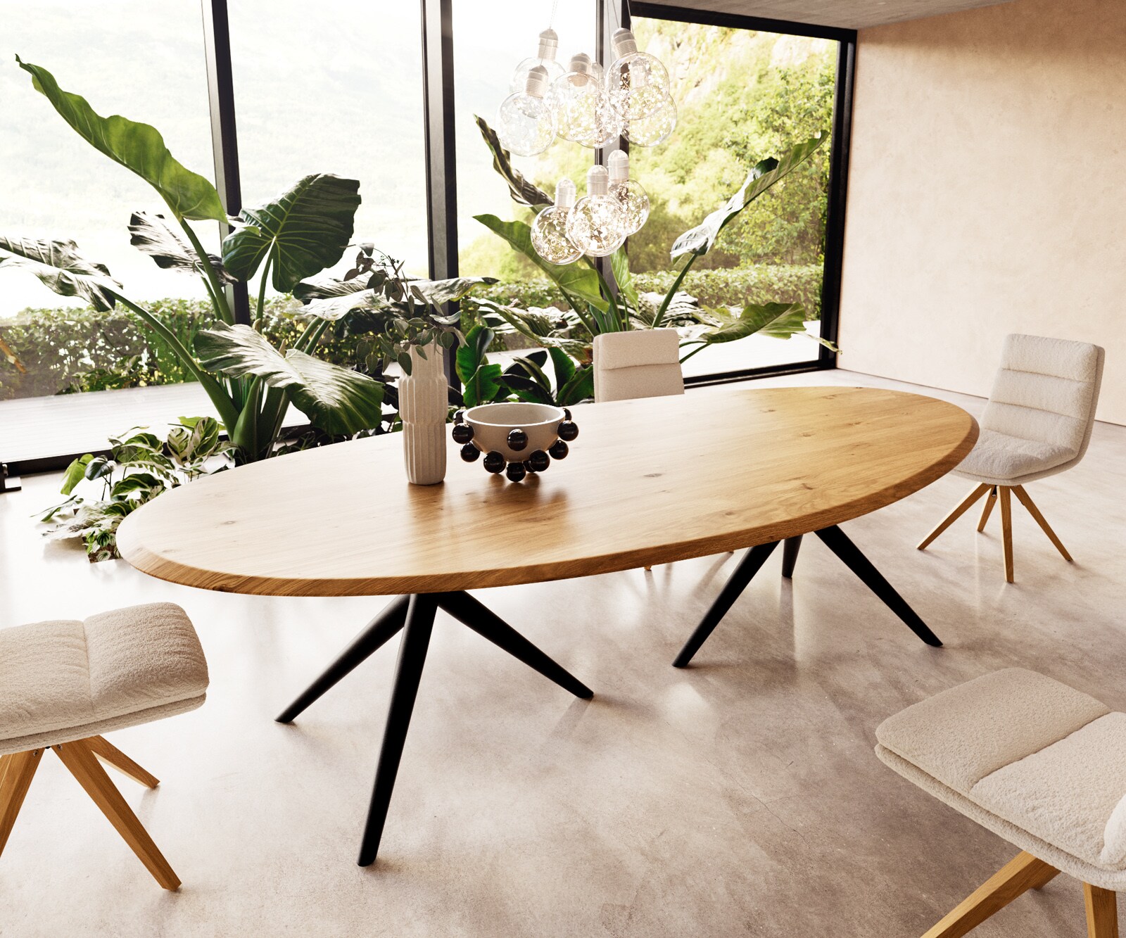 Eettafel Edge Oval 280x130x2,5 eiken natuur Estelar rond metaal zwart Flow-Edge