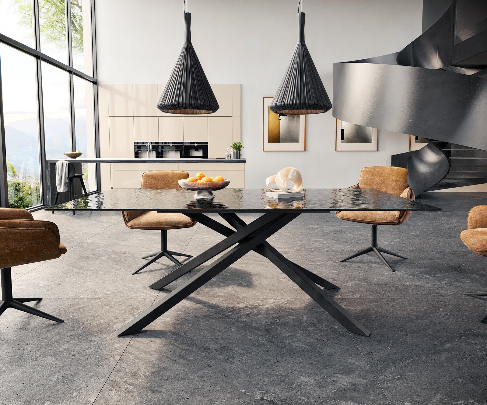 Eetkamertafel Edge 200x100 Glas smelten rokerig zwart 3D-Relief kruisframe rechthoek zwart 1