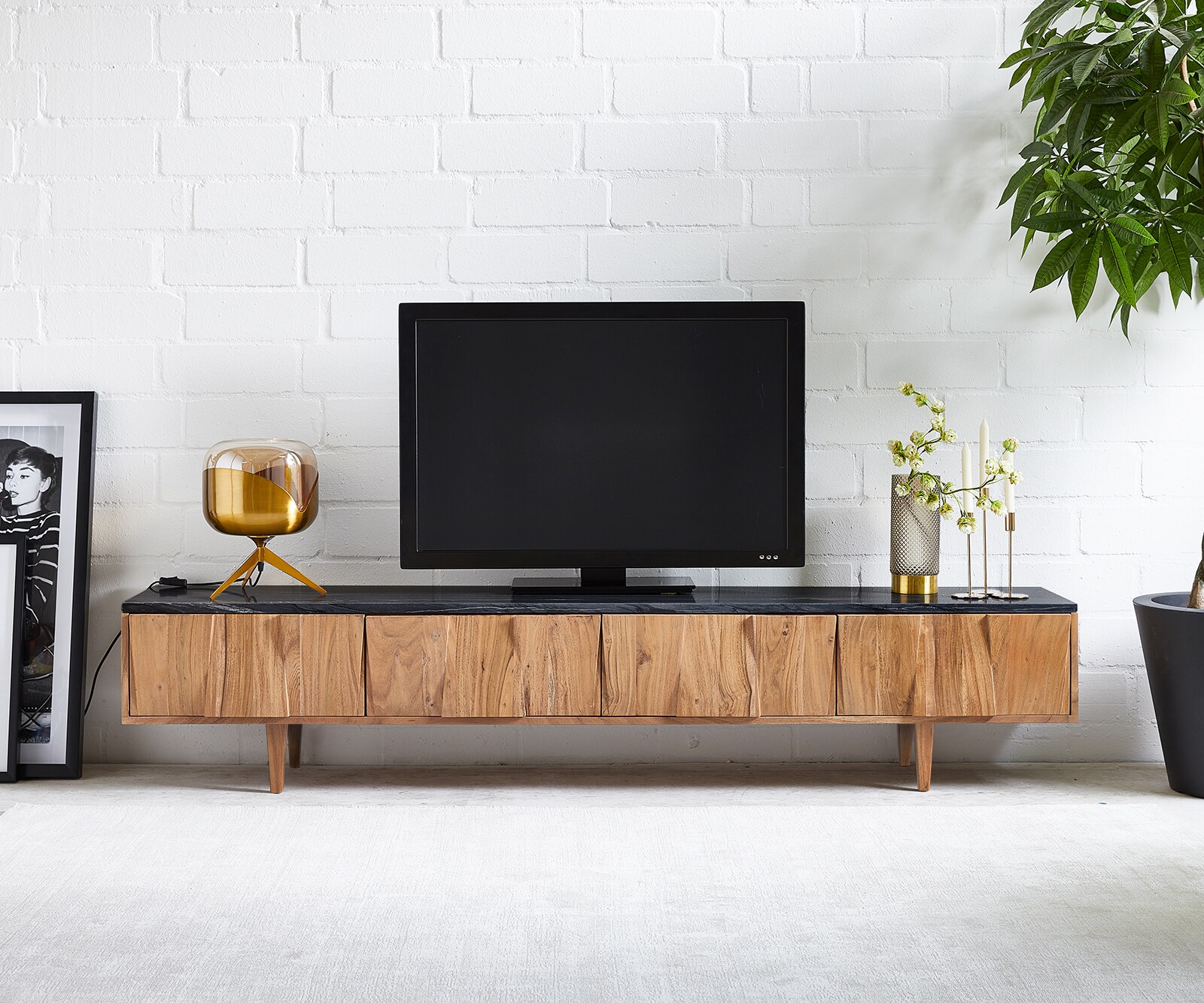Tv-meubel Shia 200cm natuur acacia marmer zwart 4 deuren 2