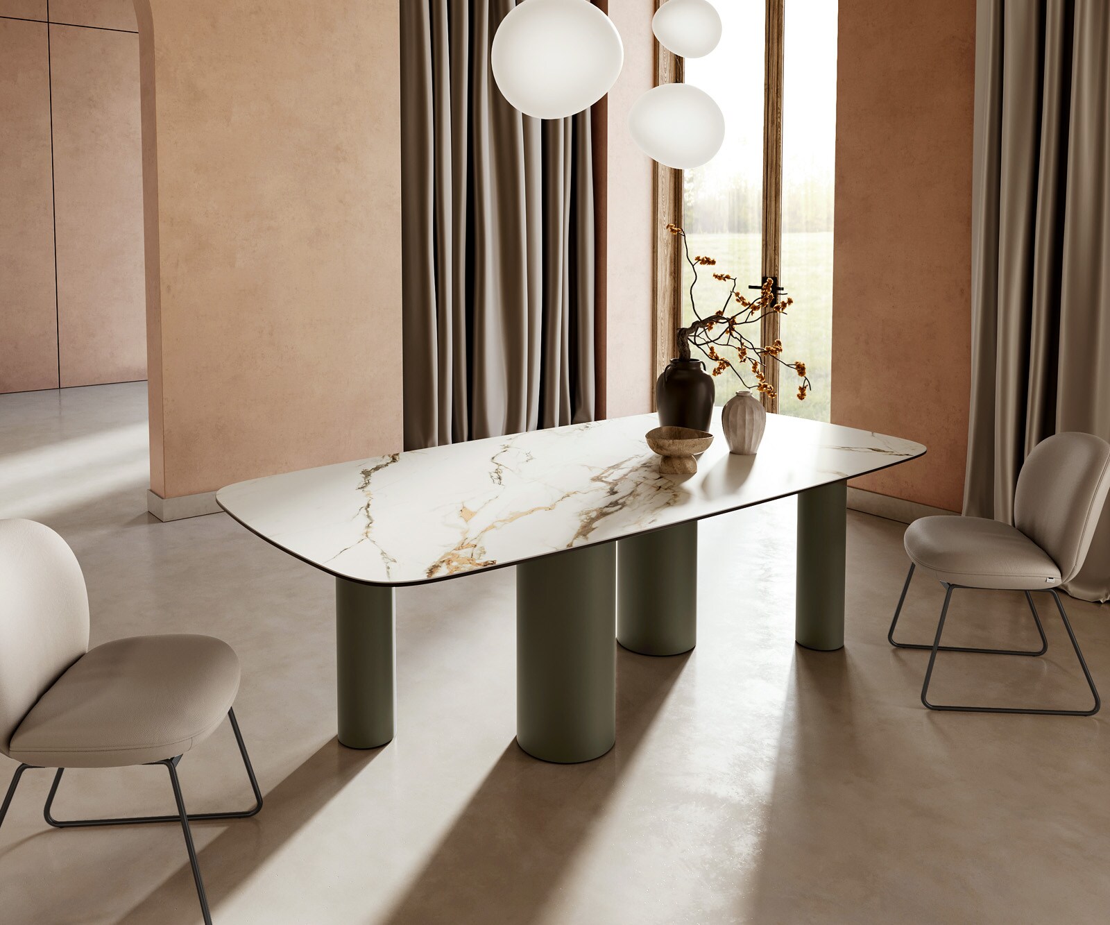 Eettafel Edge boot 240x120cm keramiek Calacatta Luxe wit-goud-grijs pilier metaal effect afwerking titanium 1
