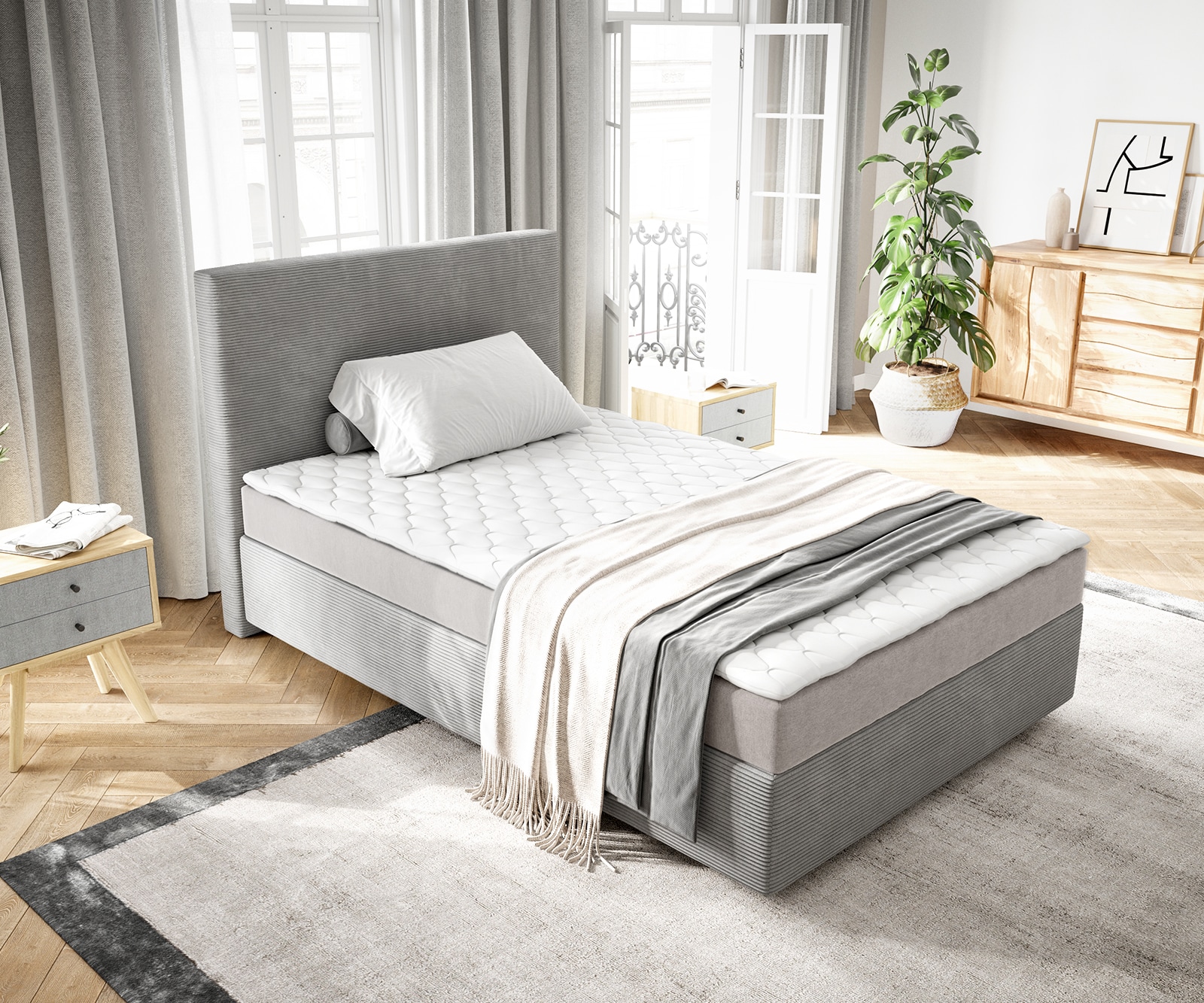 Boxspringbed Dream-Well 120x200 cm Cord Zilvergrijs met Matras en Topper 3 Boxspringbed Dream-Well 120x200 cm Cord Zilvergrijs met Matras en Topper 3