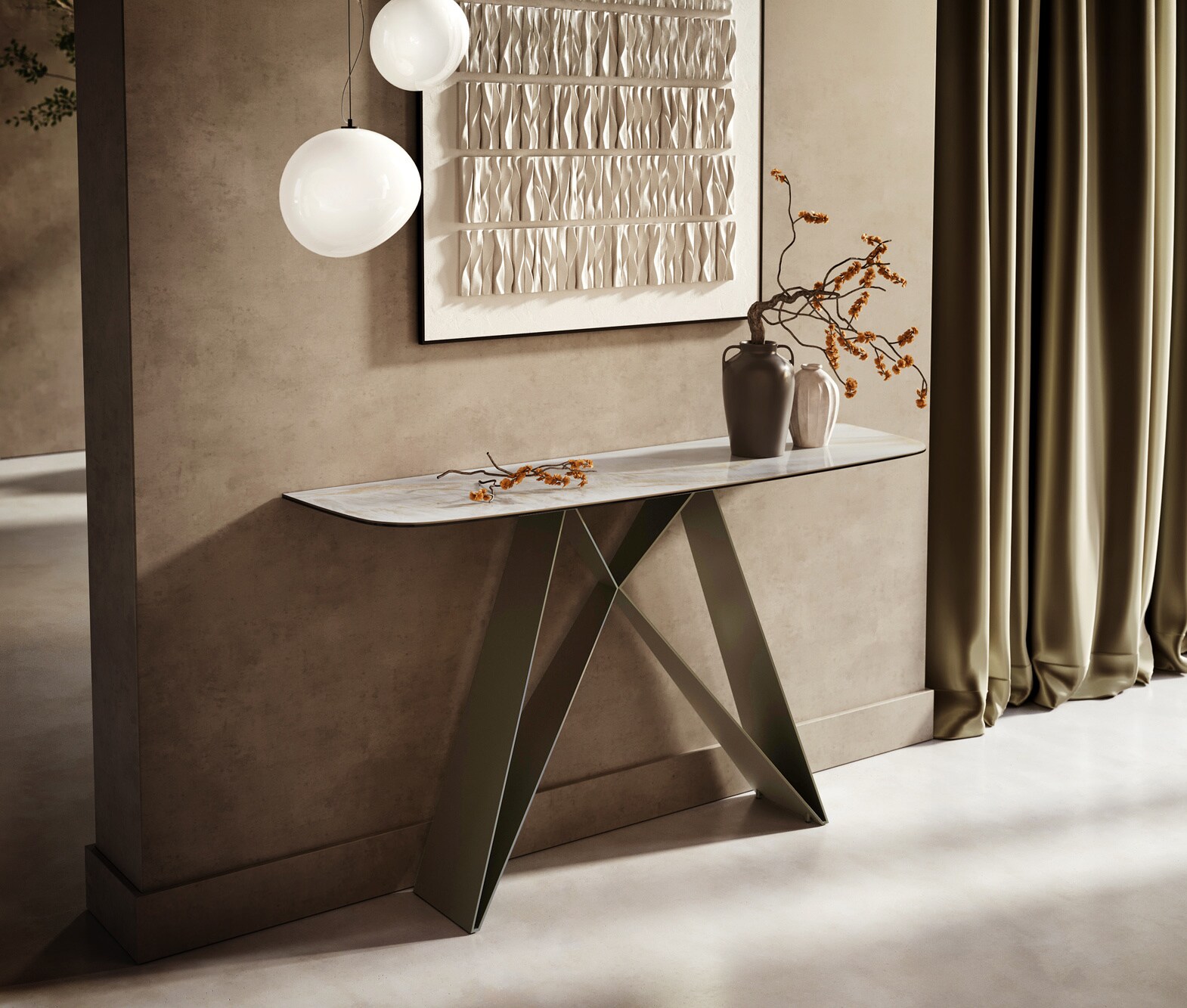 Consoletafel Edge Bootvorm 140x40 cm Keramiek Onyx Pearl Velio Metaal Effektfinish Titan 4