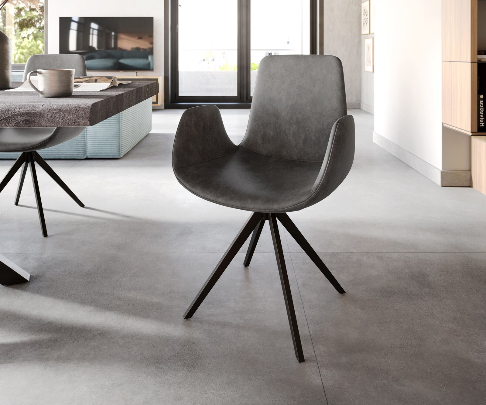 Eetkamerstoel Ilia-Flex met armleuning microvelours antraciet vintage kruisframe hoekig zwart