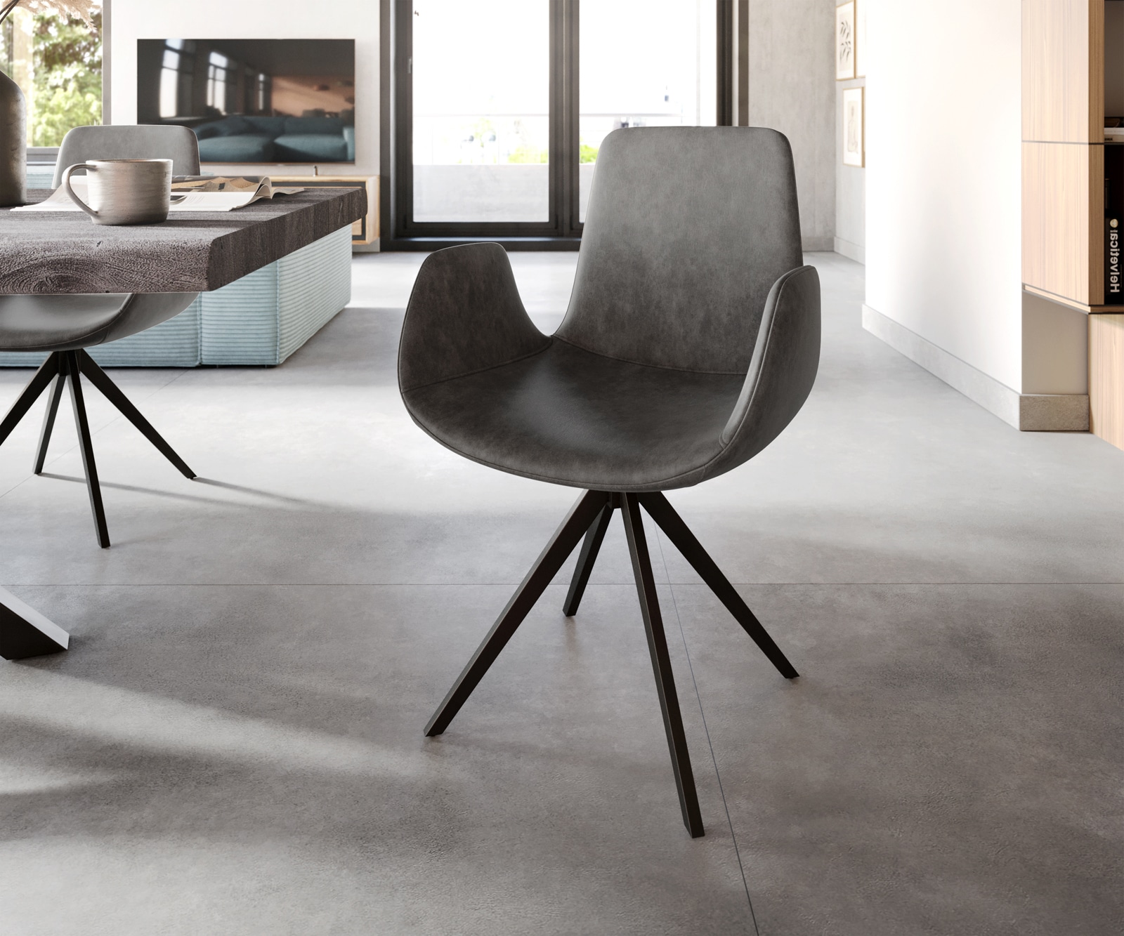 Eetkamerstoel Ilia-Flex met armleuning microvelours antraciet vintage kruisframe hoekig zwart Eetkamerstoel Ilia-Flex met armleuning microvelours antraciet vintage kruisframe hoekig zwart