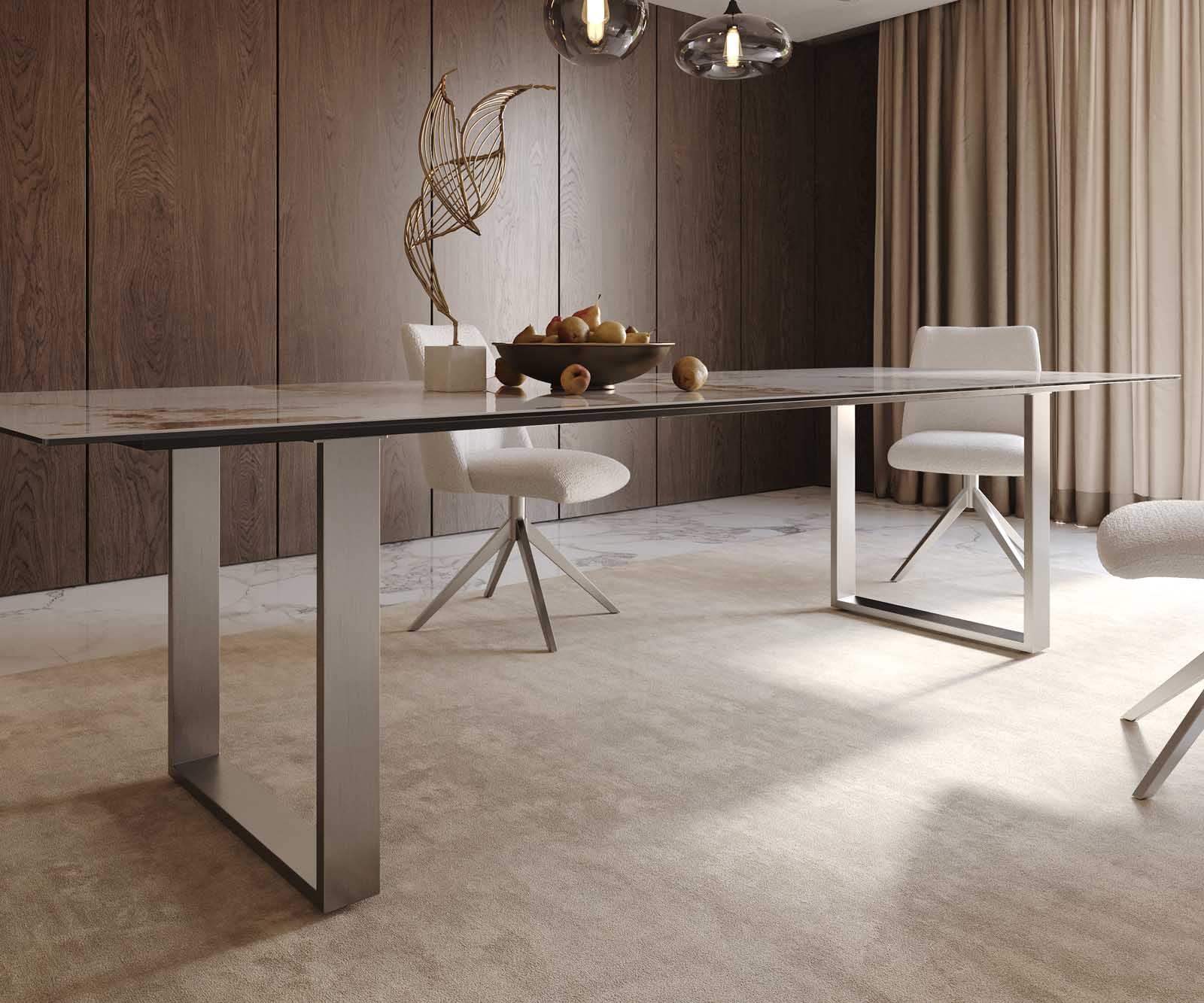 Eetkamertafel Edge 300x100 keramiek Minas Melange wit-beige RVS Schmal 6