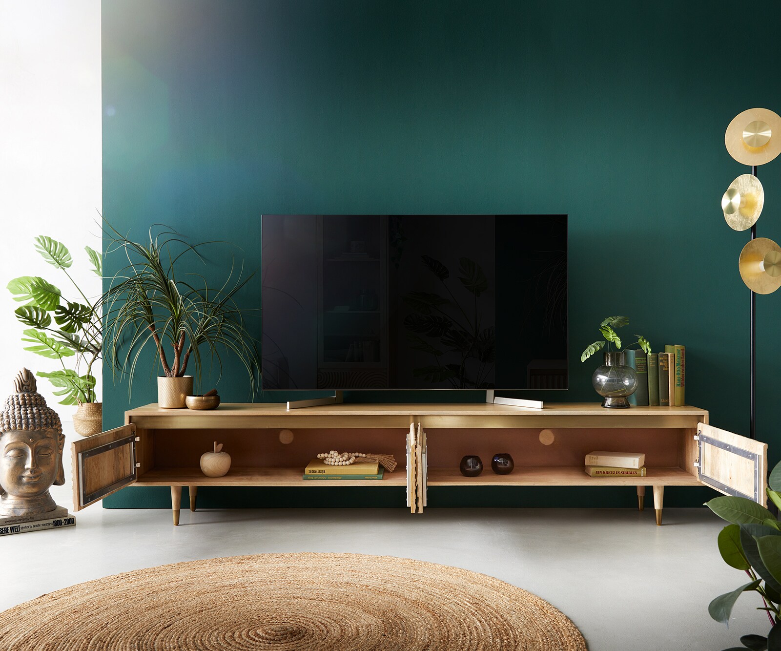 Tv-meubel Budaya 220 cm Mango natuur 4 deurs rond frame 4