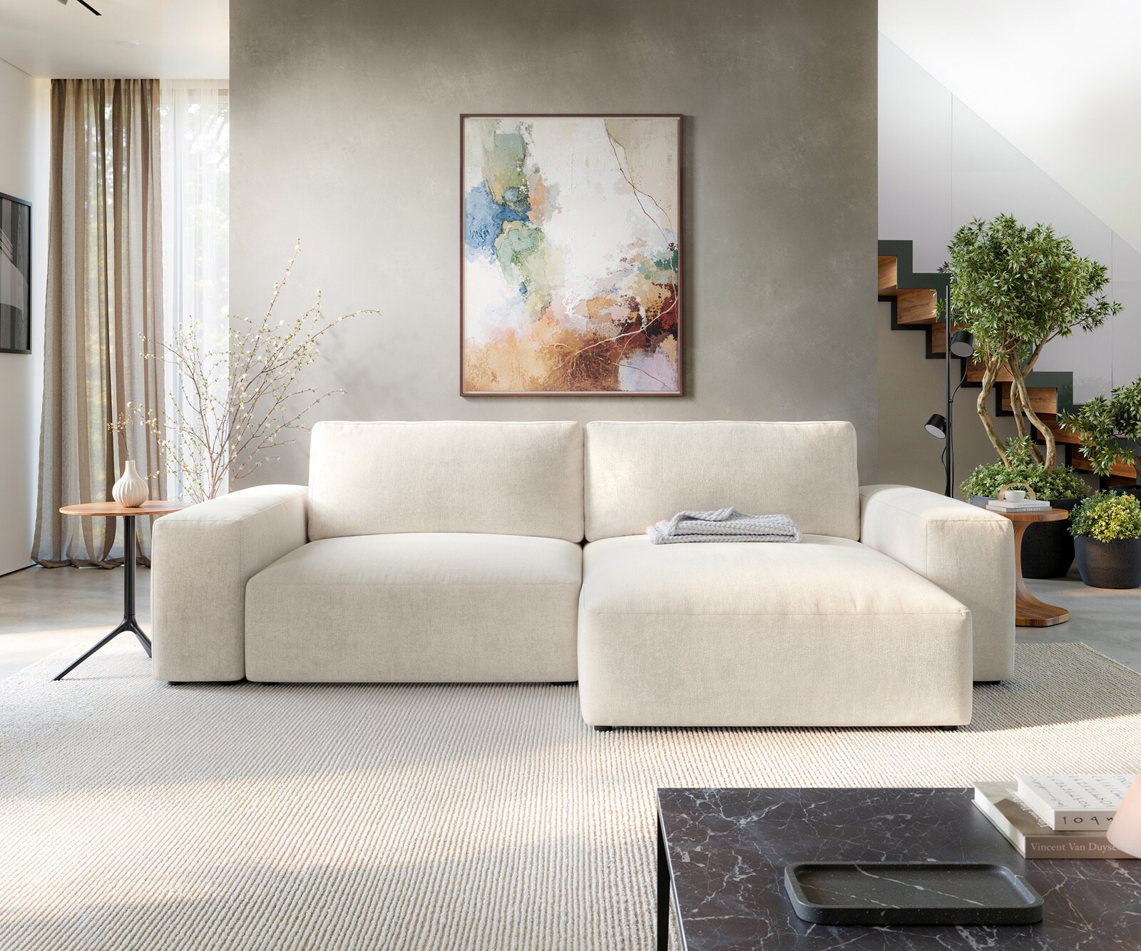 Hoekbank Lanzo XL 270x180 cm Zachte structuurstof Beige Chaise longue variabel 1