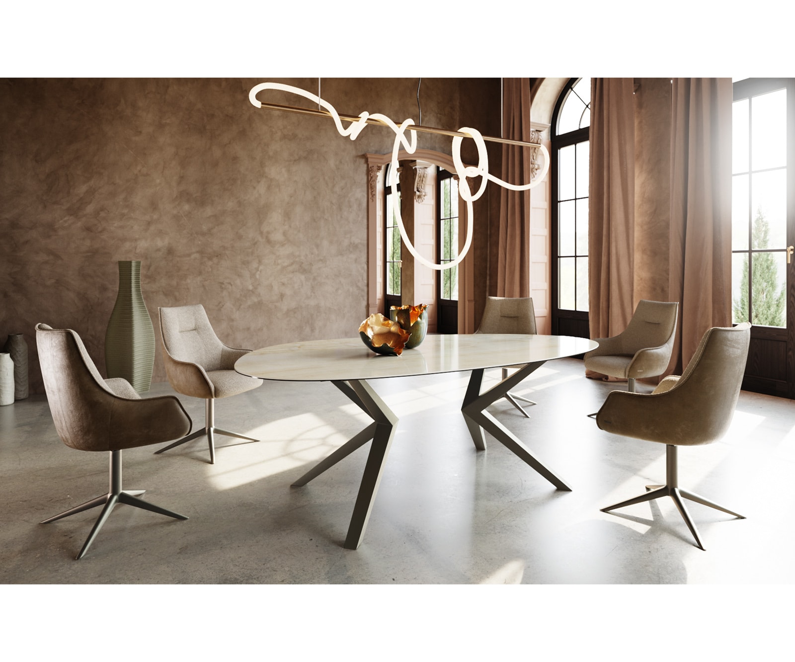 Eetkamertafel Edge ovaal 220x120 keramiek Iris FMG Onice Oro Zenthara hoekig metaal effectafwerking titaan 5 Eetkamertafel Edge ovaal 220x120 keramiek Iris FMG Onice Oro Zenthara hoekig metaal effectafwerking titaan 5