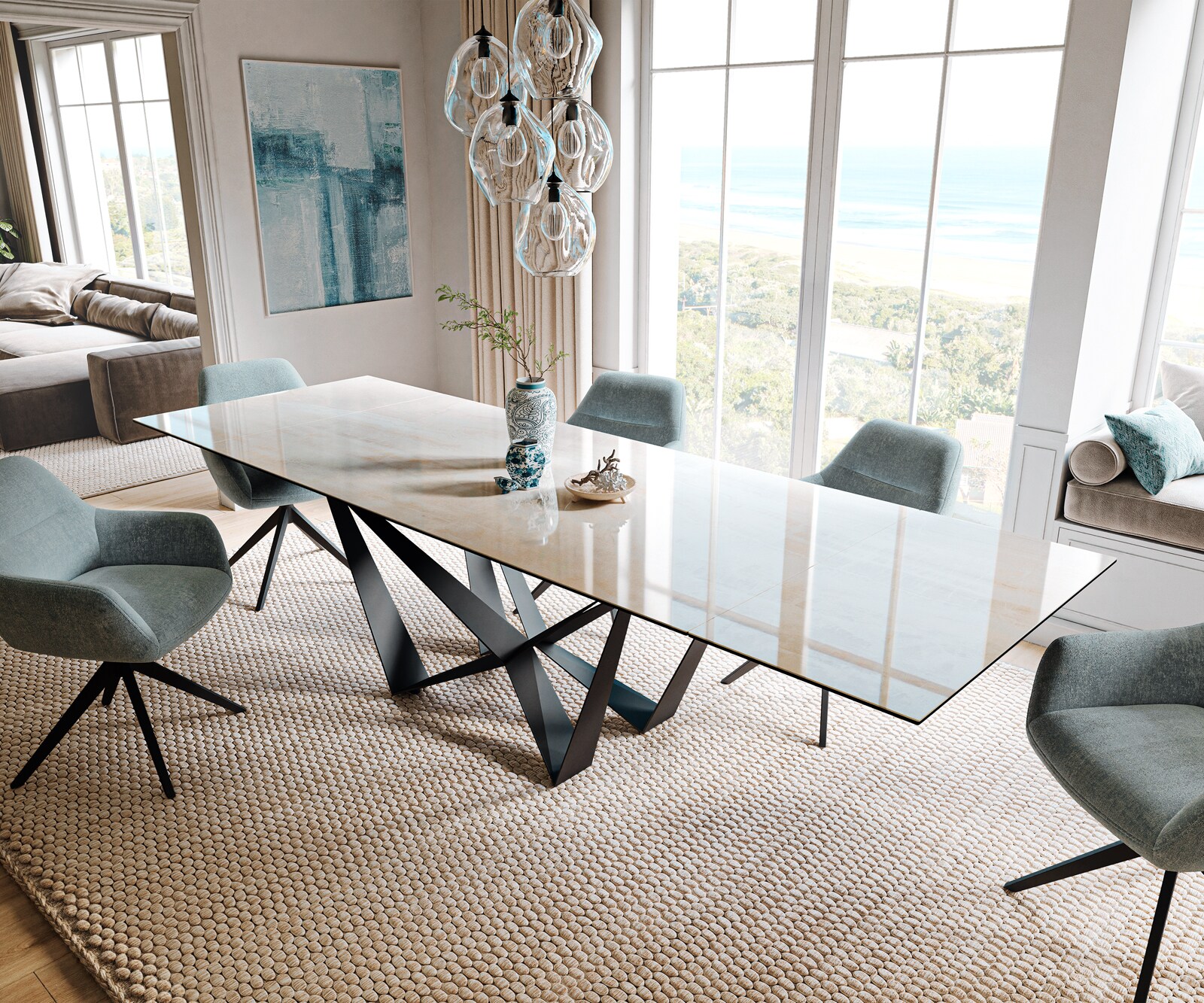 Eettafel Edge 200-300x100 cm keramiek Onyx Champagne Spider plat staal zwart uittrekbaar 1