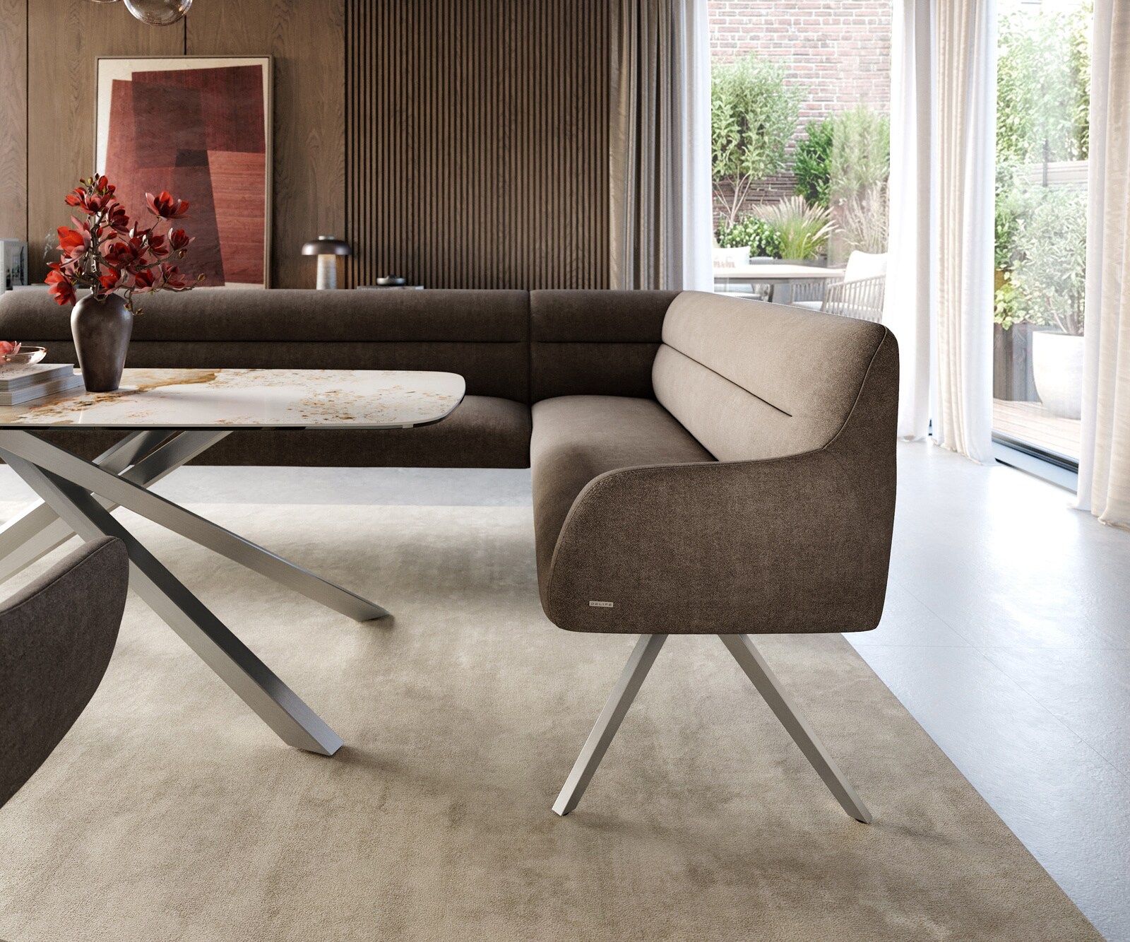 Eetkamerbank Taya-Flex 285x190 cm zachte stof met structuur taupe hoekig kruisframe roestvrij staal pocketvering links 5