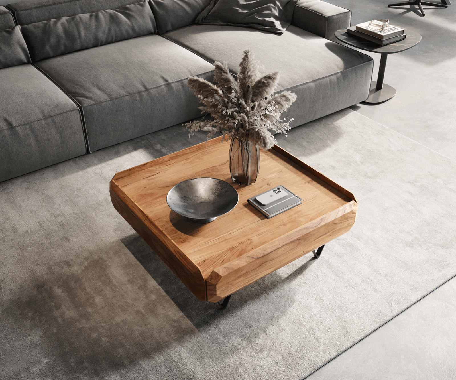 Salontafel Kiano 90x90 cm Acacia Natuur 2 Laden V-voet Zwart 2 Salontafel Kiano 90x90 cm Acacia Natuur 2 Laden V-voet Zwart 2