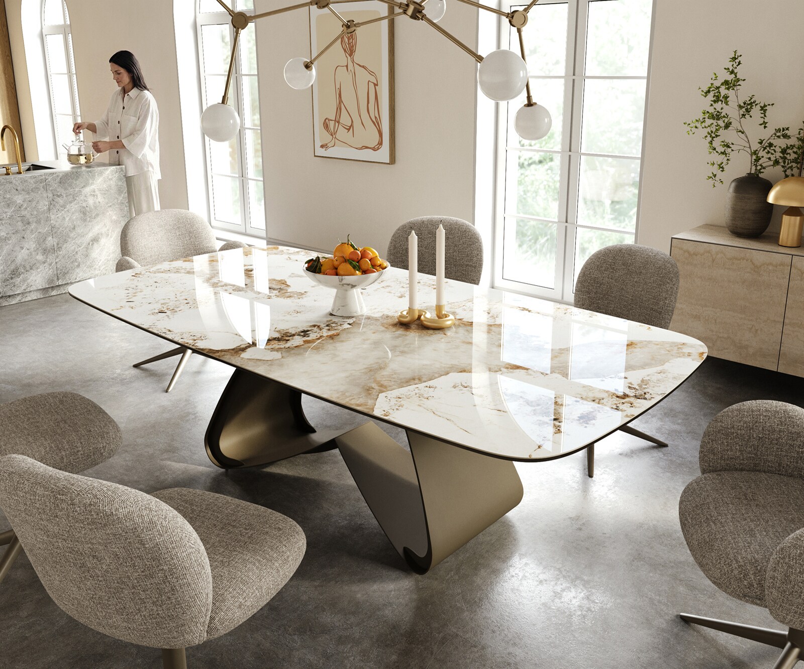 Eettafel Edge Boot 240x120 cm Keramiek Minas Melange Wit-Beige W-onderstel Metaal Effectafwerking Titan