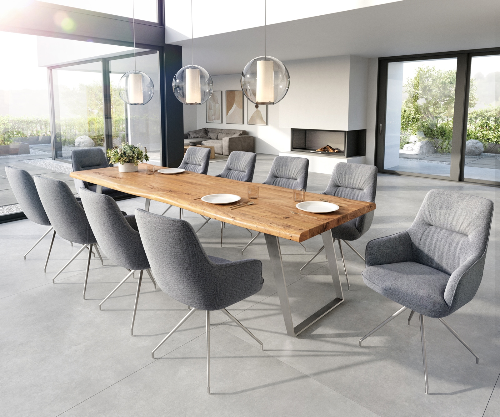 Eetkamerstoel Zelia-Flex met armleuning structuurstof lichtgrijs kruisframe conisch roestvrij staal pocketveer kern 3 Eetkamerstoel Zelia-Flex met armleuning structuurstof lichtgrijs kruisframe conisch roestvrij staal pocketveer kern 3