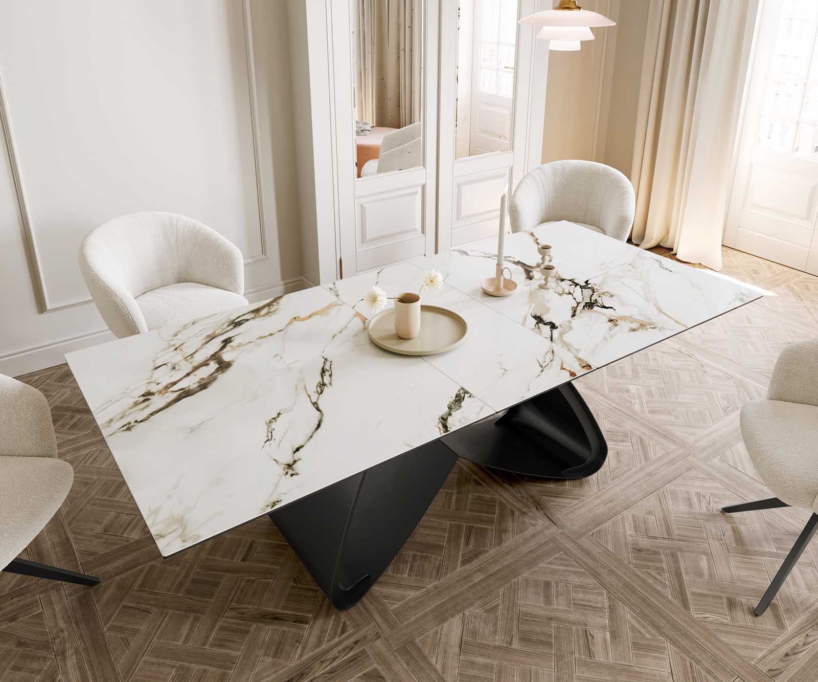 Eetkamertafel Edge 180-220x100 keramiek Calacatta Luxe wit-goud-grijs W-frame zwart uitschuifbaar 6 Eetkamertafel Edge 180-220x100 keramiek Calacatta Luxe wit-goud-grijs W-frame zwart uitschuifbaar 6