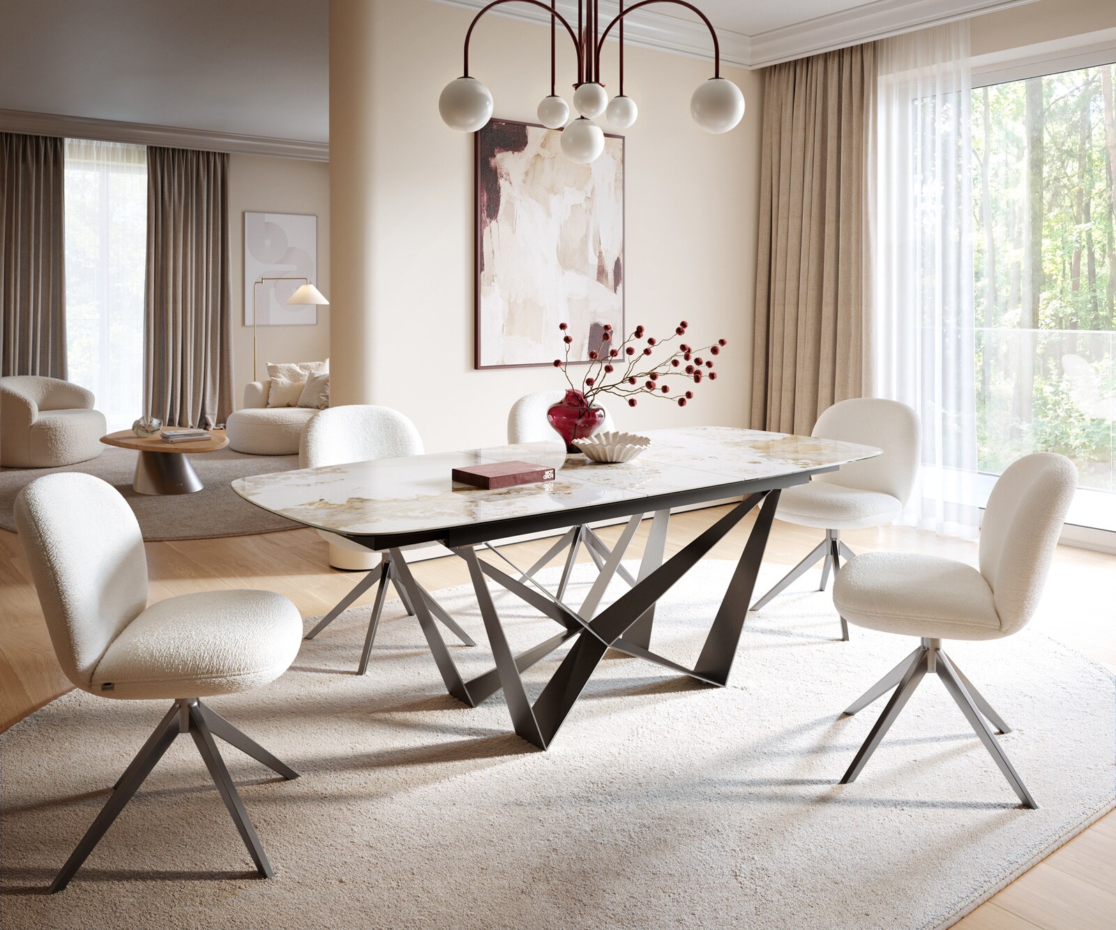 Eettafel Edge Boot 180-220x100 cm Keramiek Minas Melange Wit-Beige Spider Flachstahl Roestvrij staal Grafiet uitschuifbaar 1