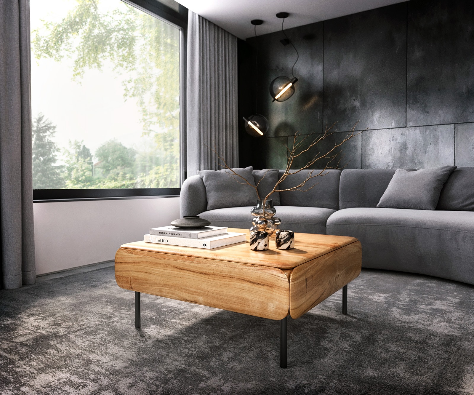 Salontafel Shavani 90x90 cm natuur acacia 2 klepdeuren metaal zwart