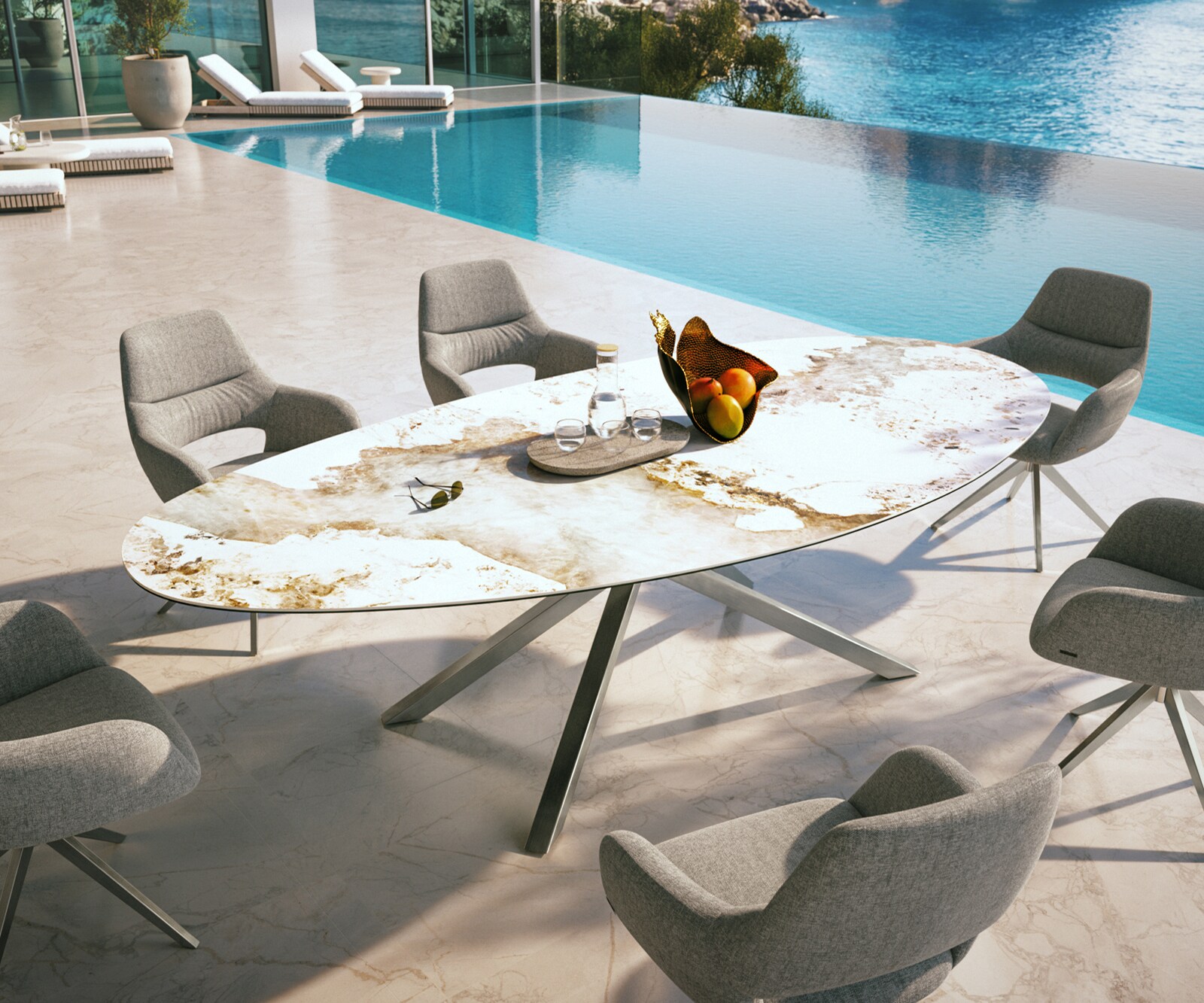 Outdoortafel Edge Ovaal 280x130 cm keramiek Minas Melange wit-beige kruispoot rechthoekig roestvrij staal